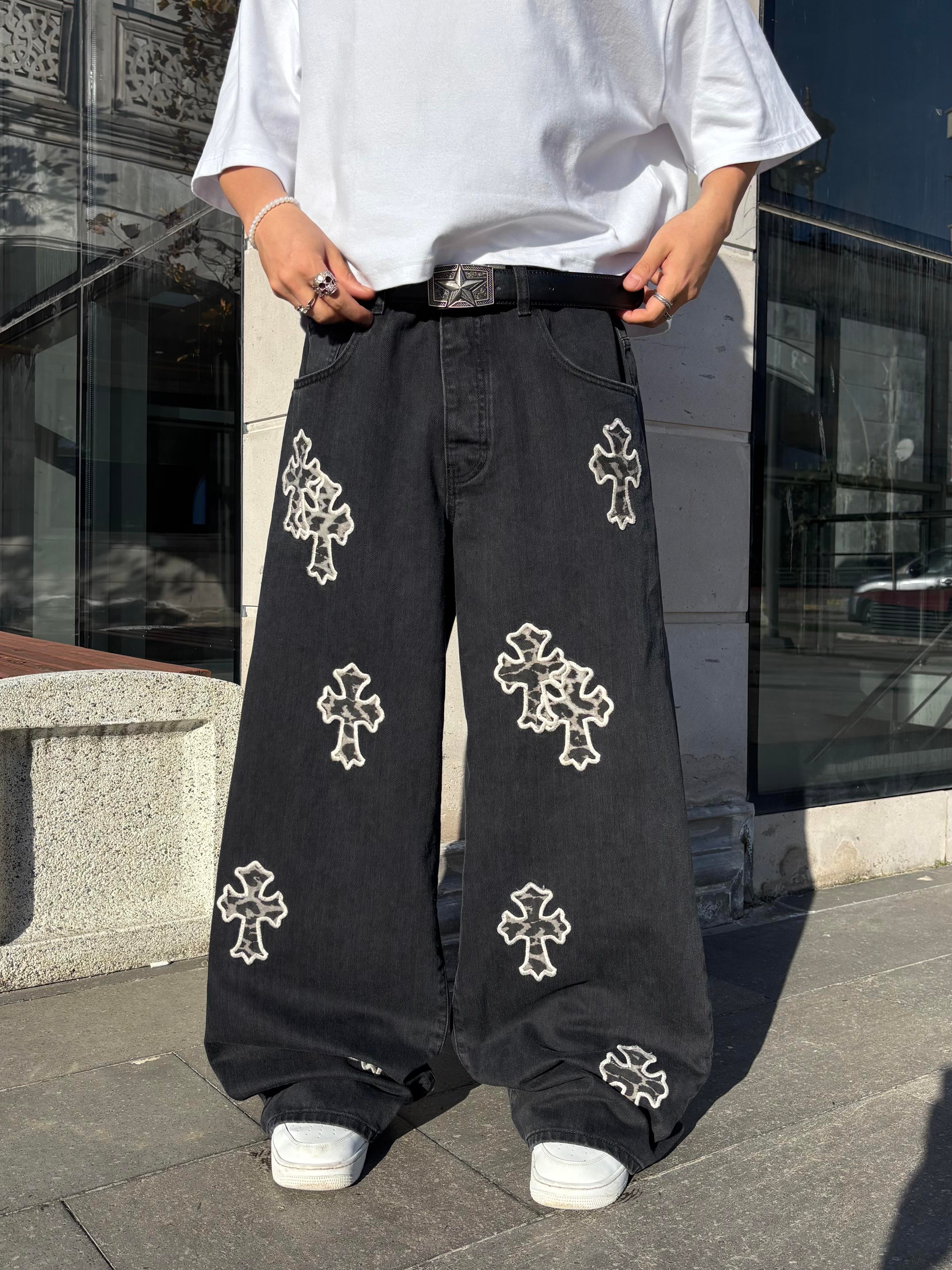 Premium Tall Leopard Cross Applique Ekstreme Baggy Jean