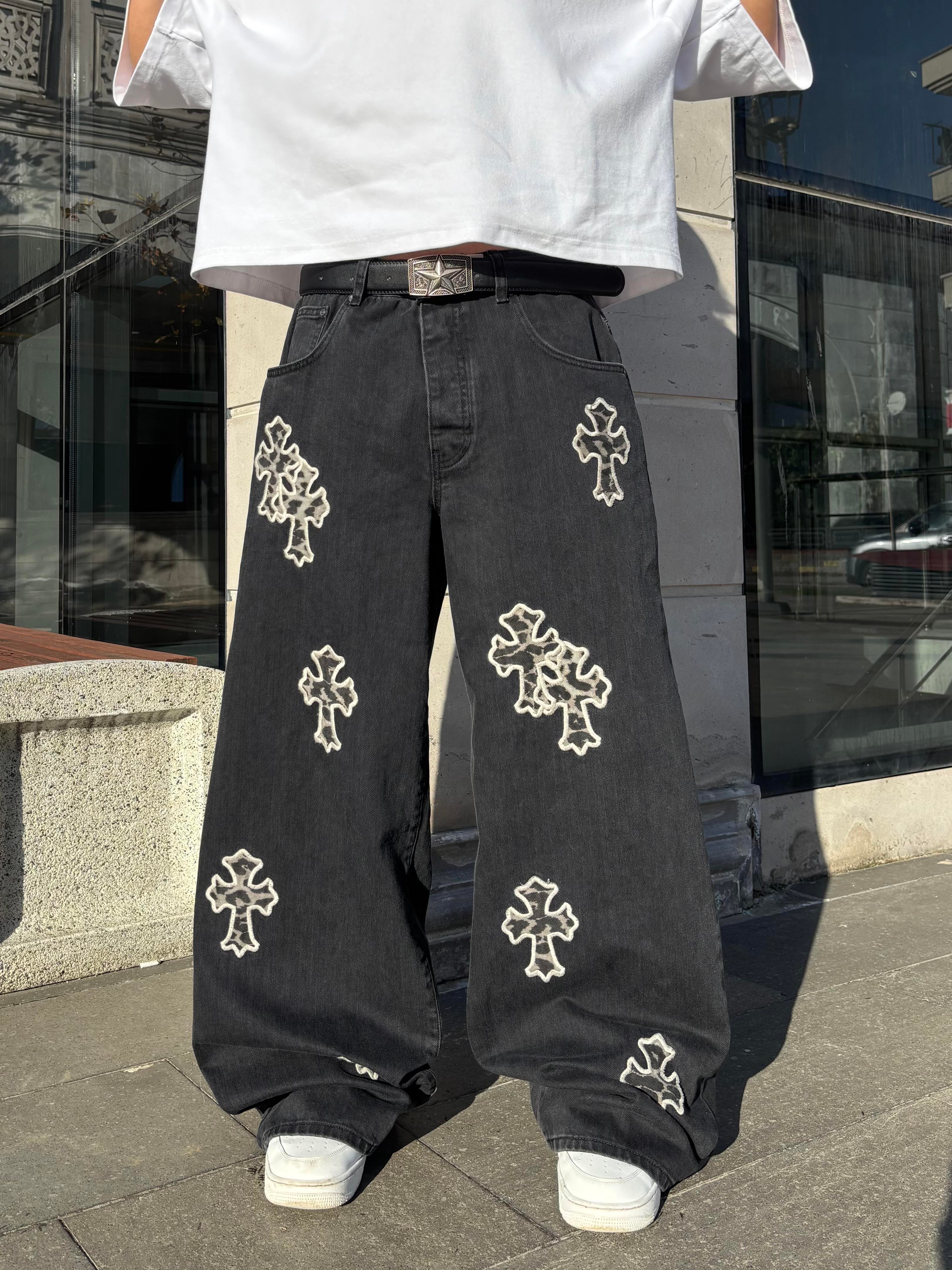 Premium Tall Leopard Cross Applique Ekstreme Baggy Jean