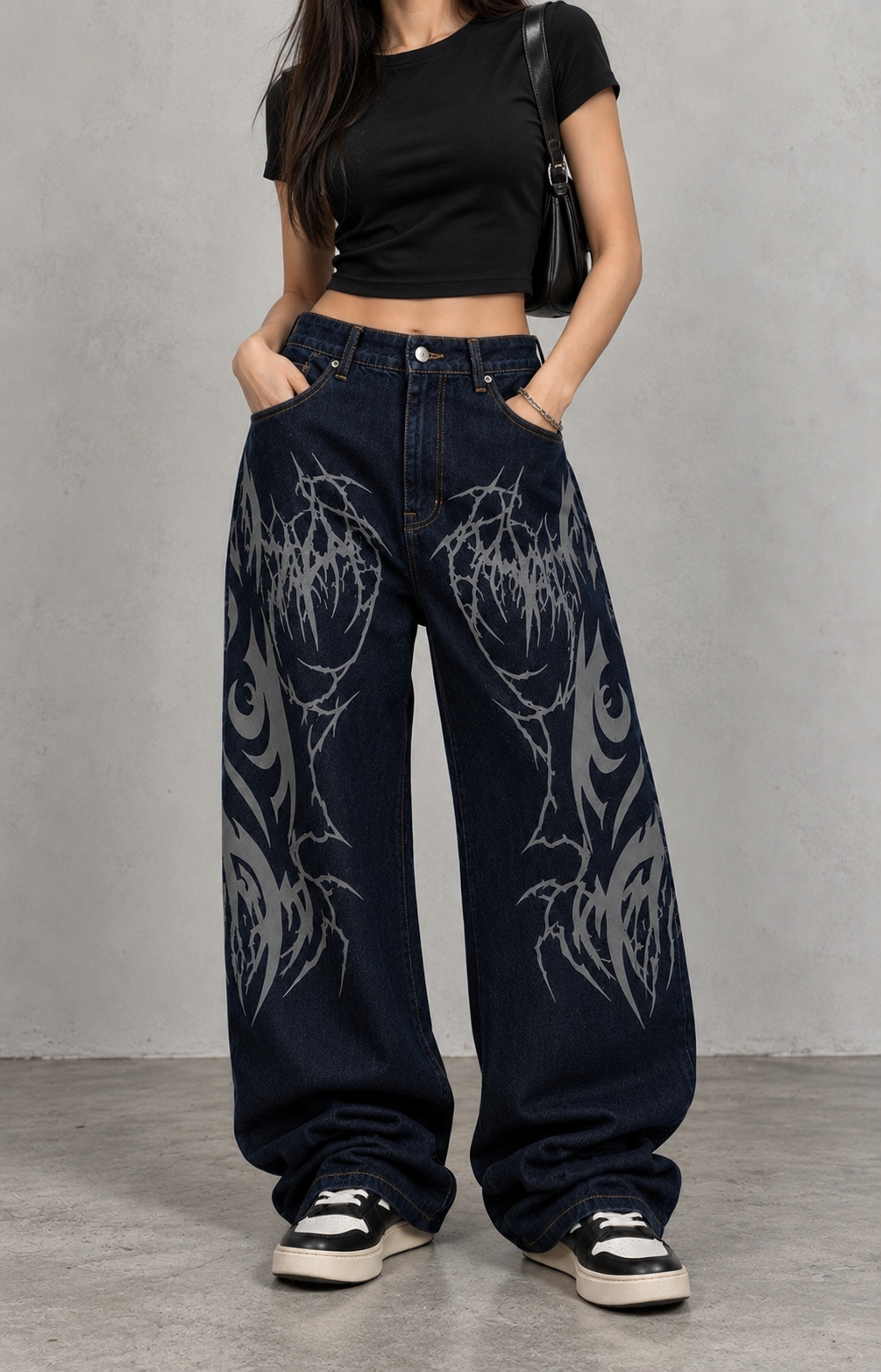 Premium Tribal Graphic Ekstreme Back Buckle Baggy Jeans