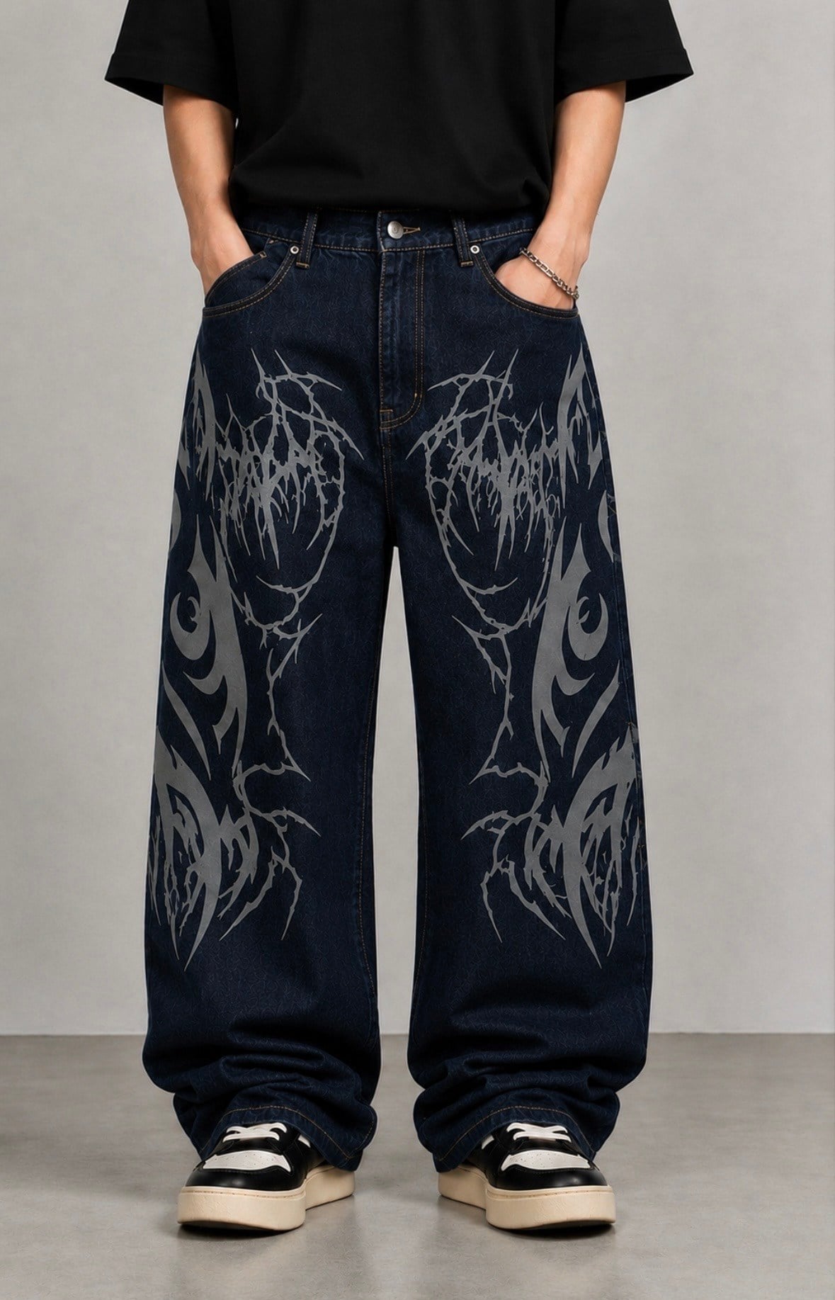 Premium Tribal Graphic Ekstreme Back Buckle Baggy Jeans