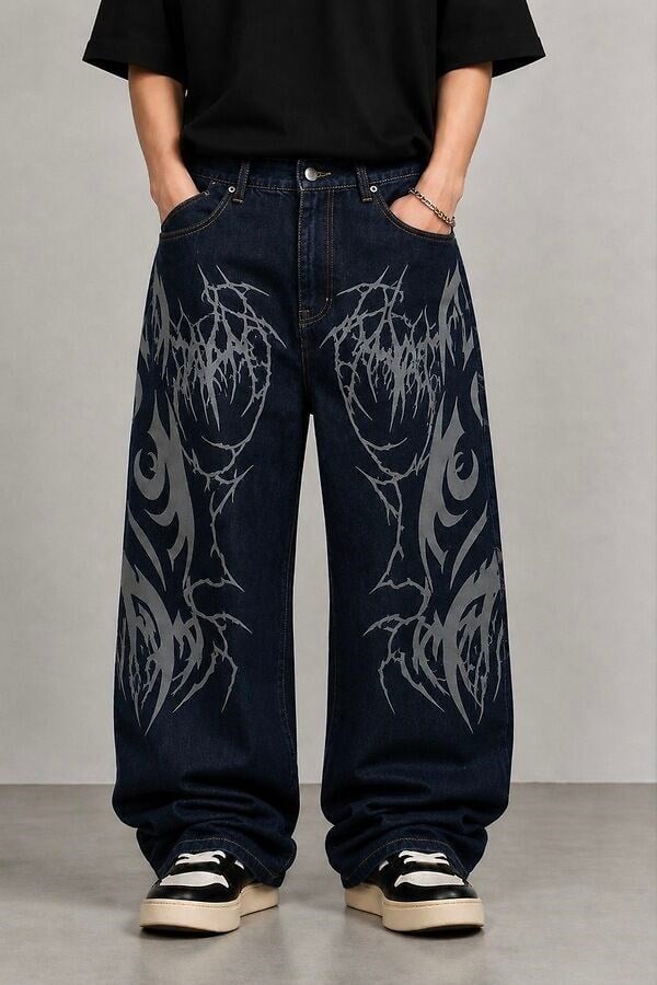 Premium Tribal Graphic Ekstreme Back Buckle Baggy Jeans