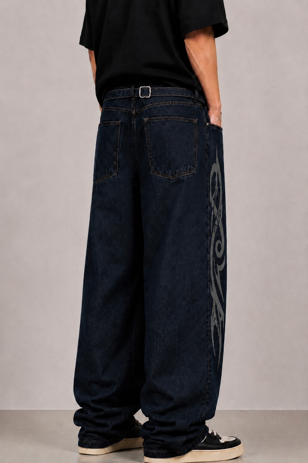 Premium Tribal Graphic Ekstreme Back Buckle Baggy Jeans