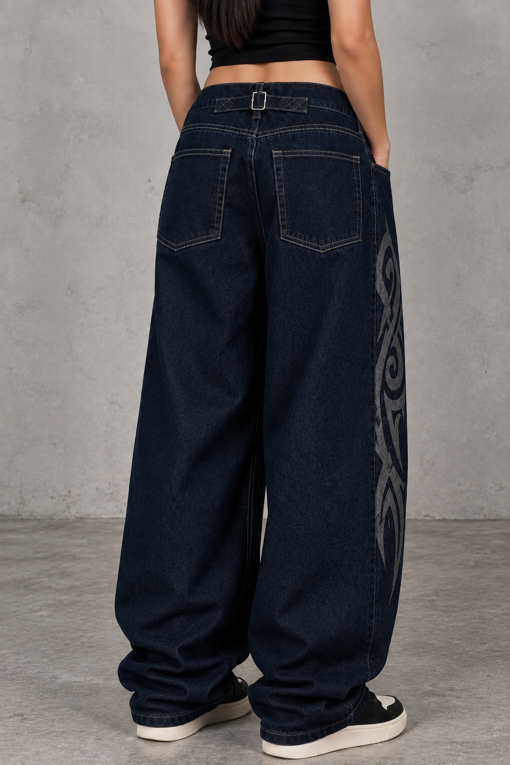 Premium Tribal Graphic Ekstreme Back Buckle Baggy Jeans