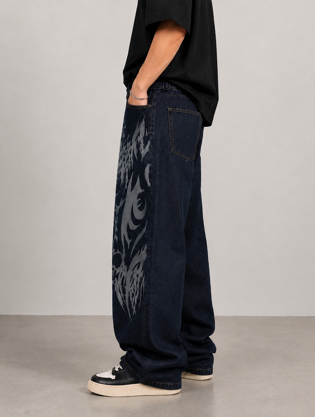 Premium Tribal Graphic Ekstreme Back Buckle Baggy Jeans
