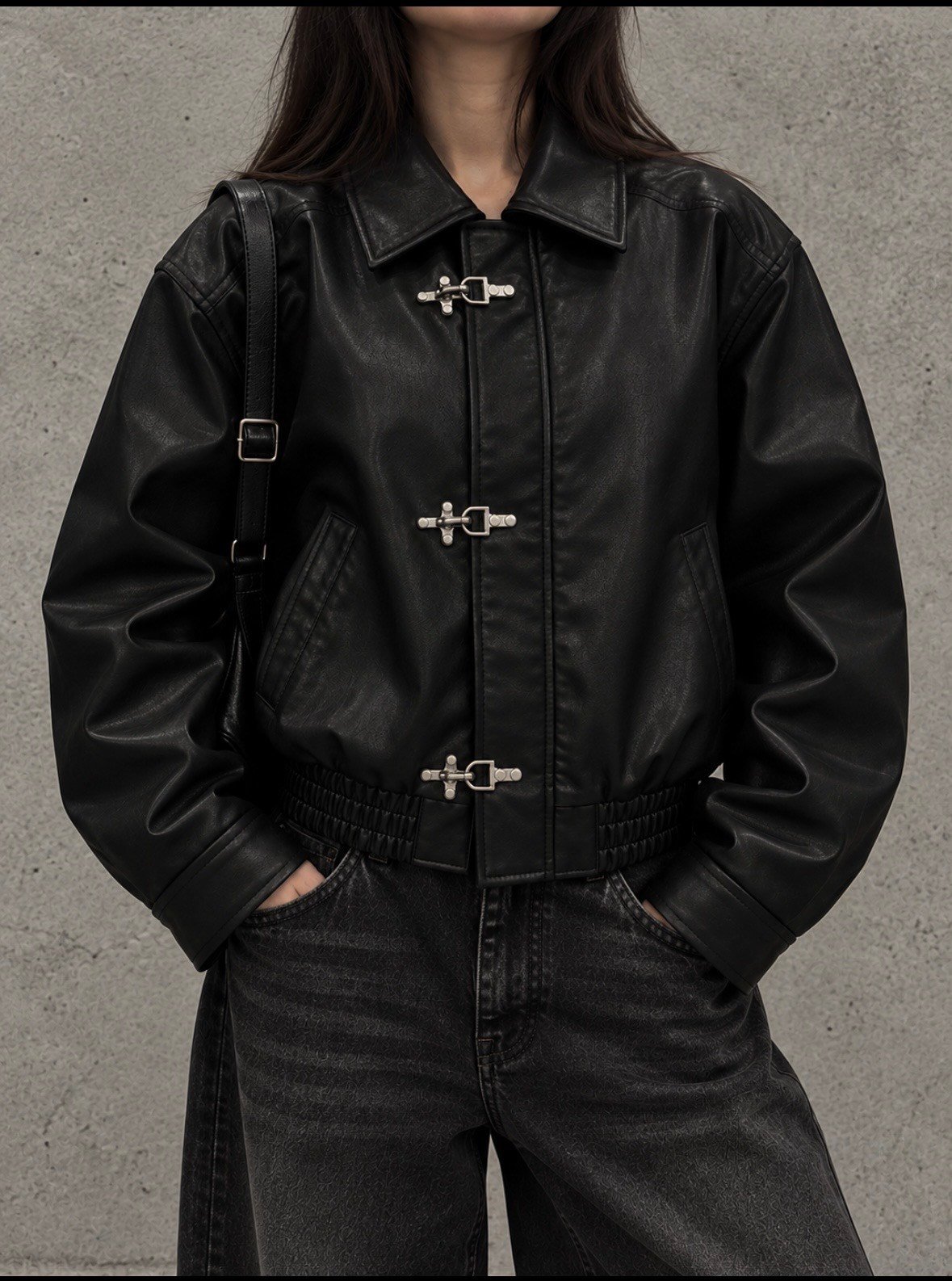 Premium Trıple Clıps Black Oversized Bomber Ceket