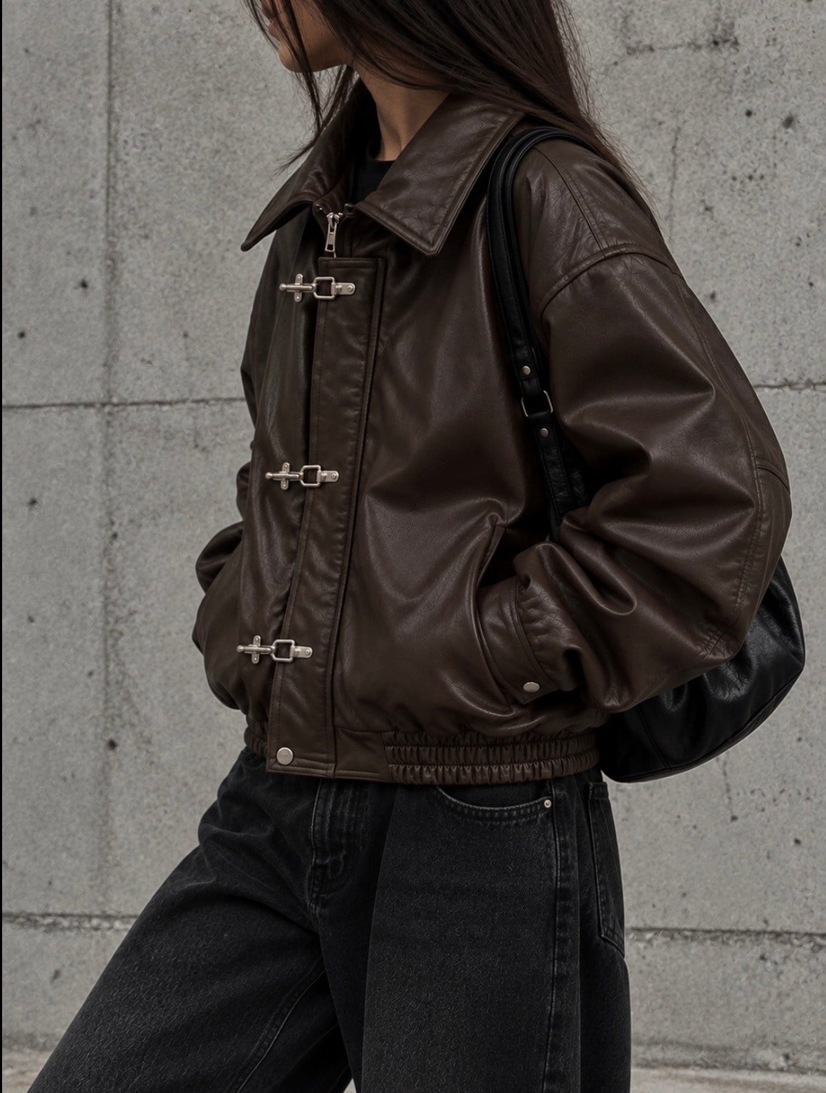 Premium Trıple Clıps Dark Brown Oversized Bomber Ceket