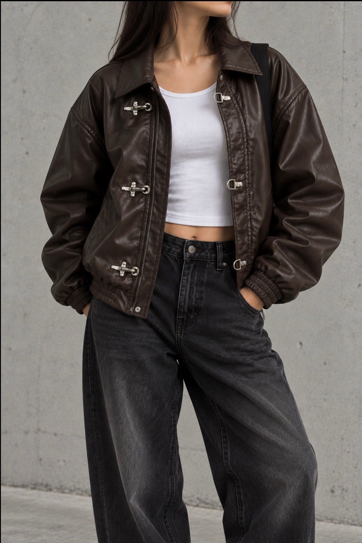 Premium Trıple Clıps Dark Brown Oversized Bomber Ceket