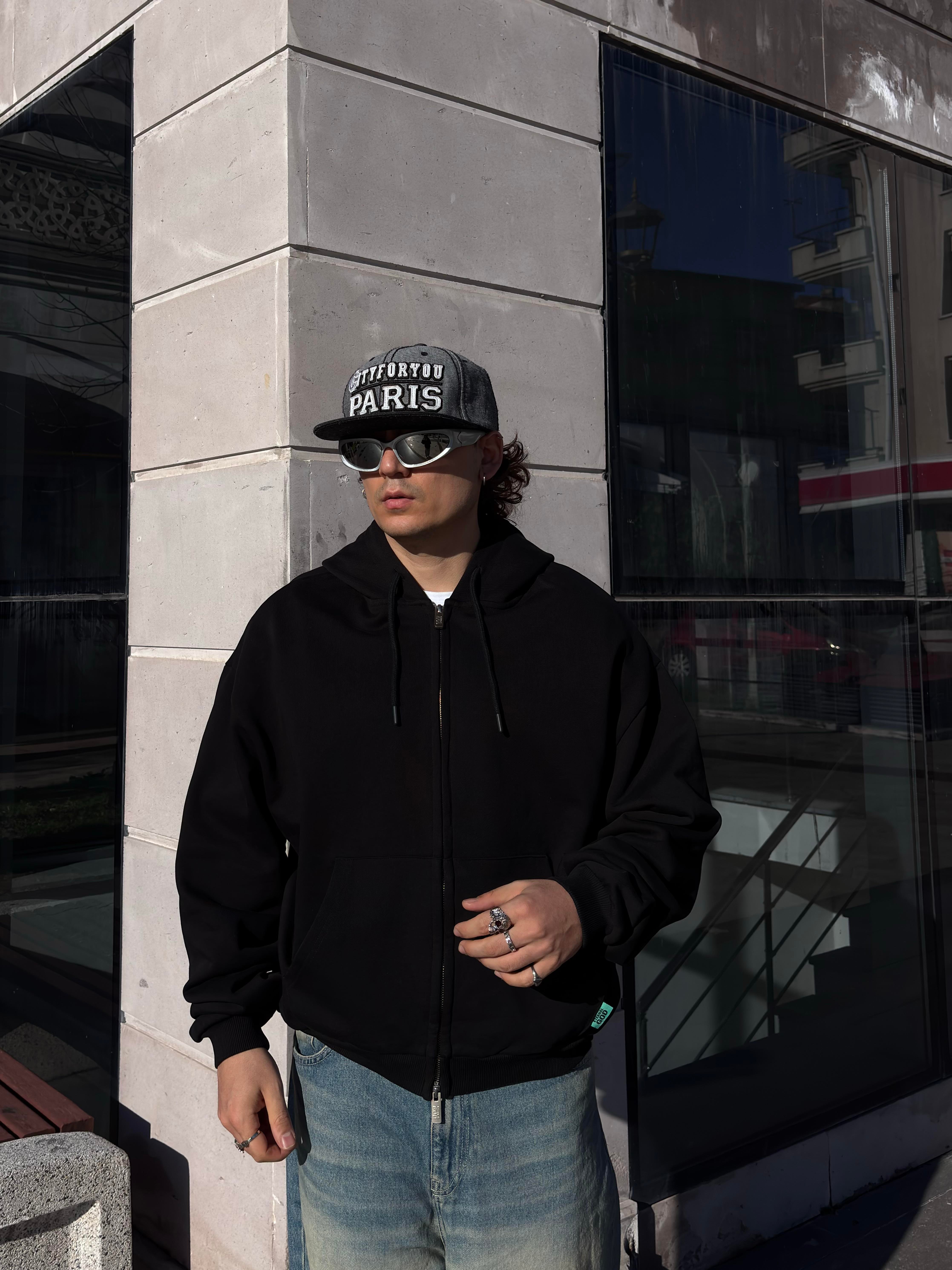 Premium Two-Way Zip Black Hoodie