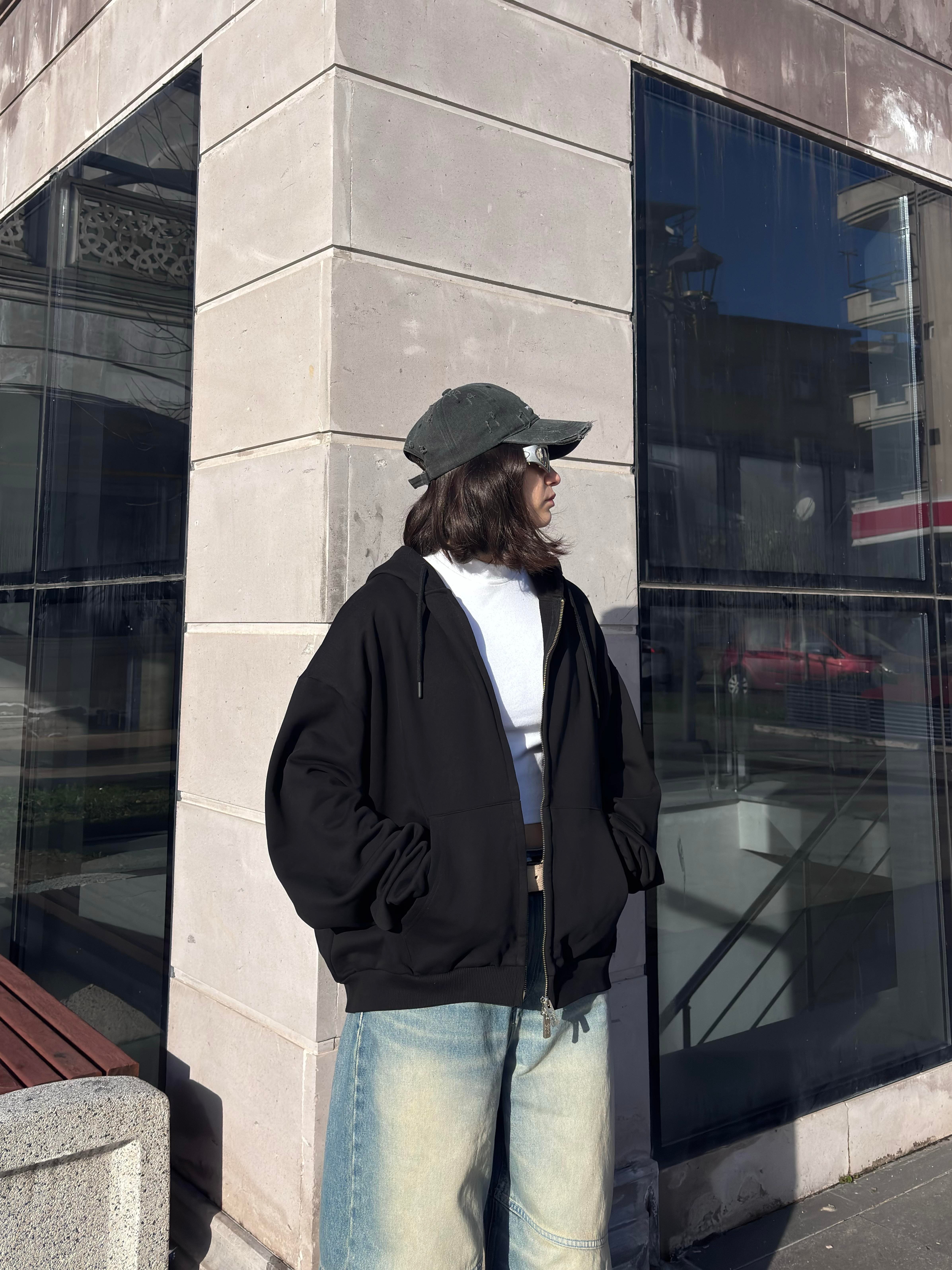 Premium Two-Way Zip Black Hoodie