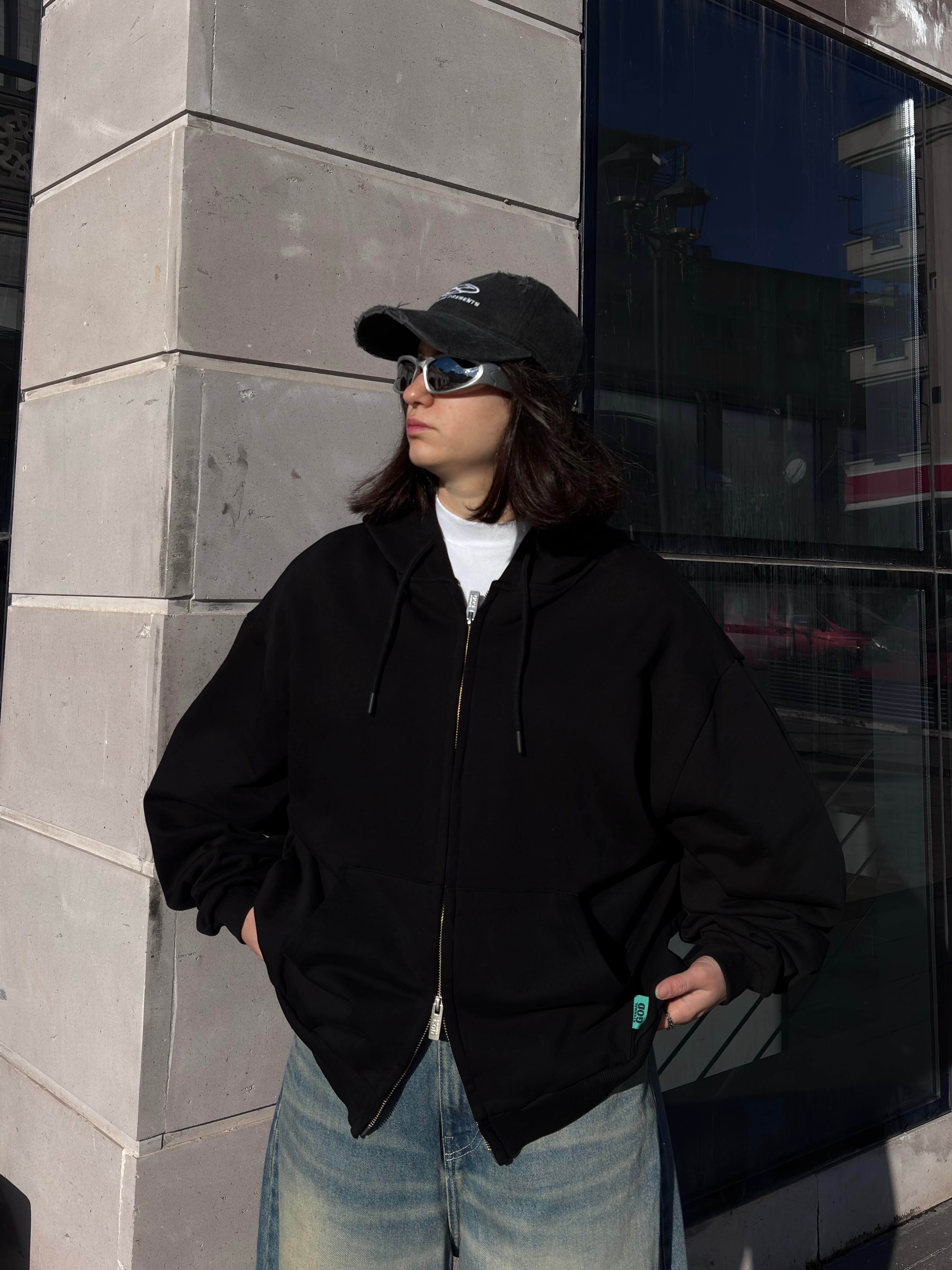Premium Two-Way Zip Black Hoodie