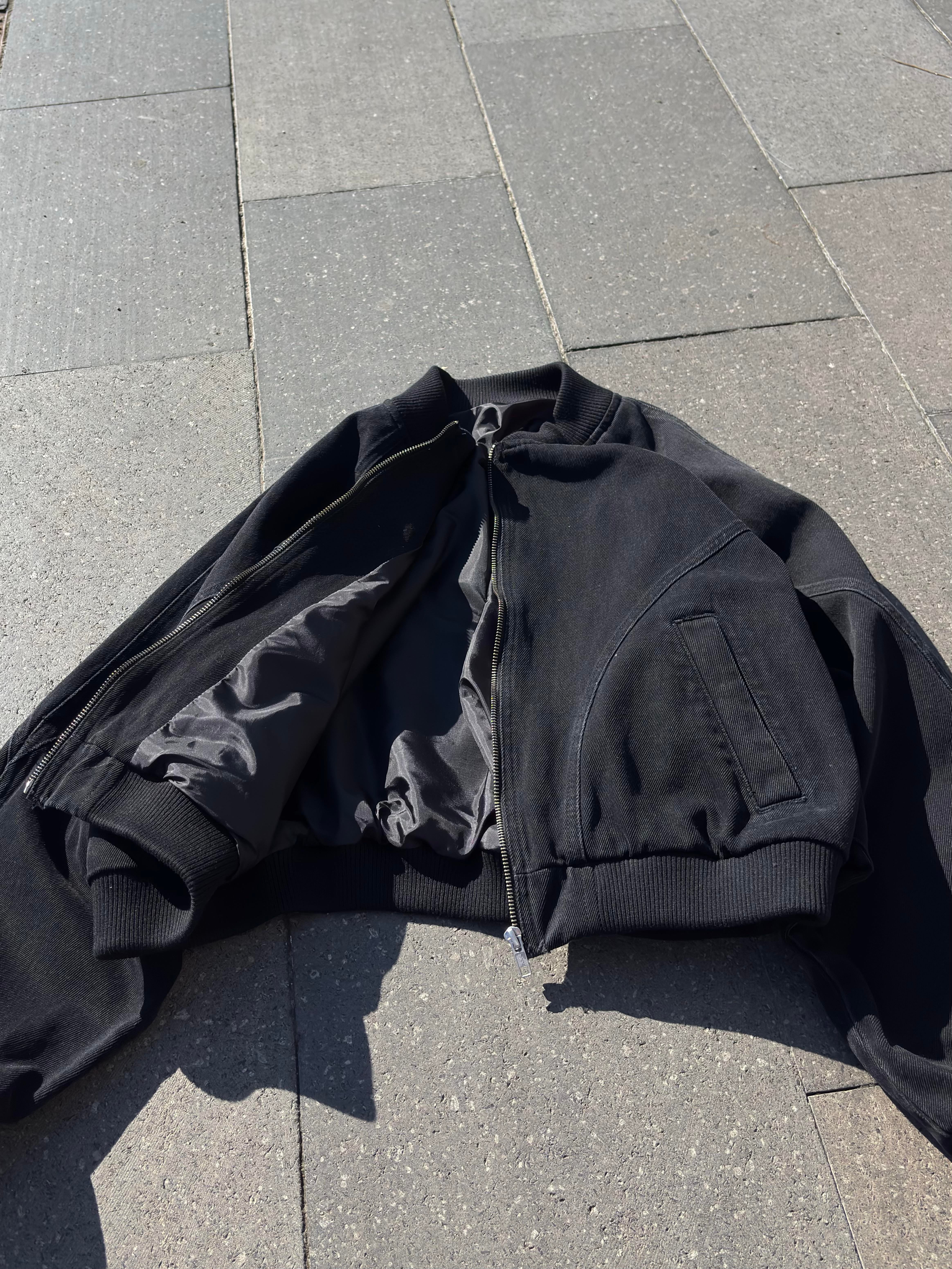Premium Washed Black Cross Stitched Bomber Jacket