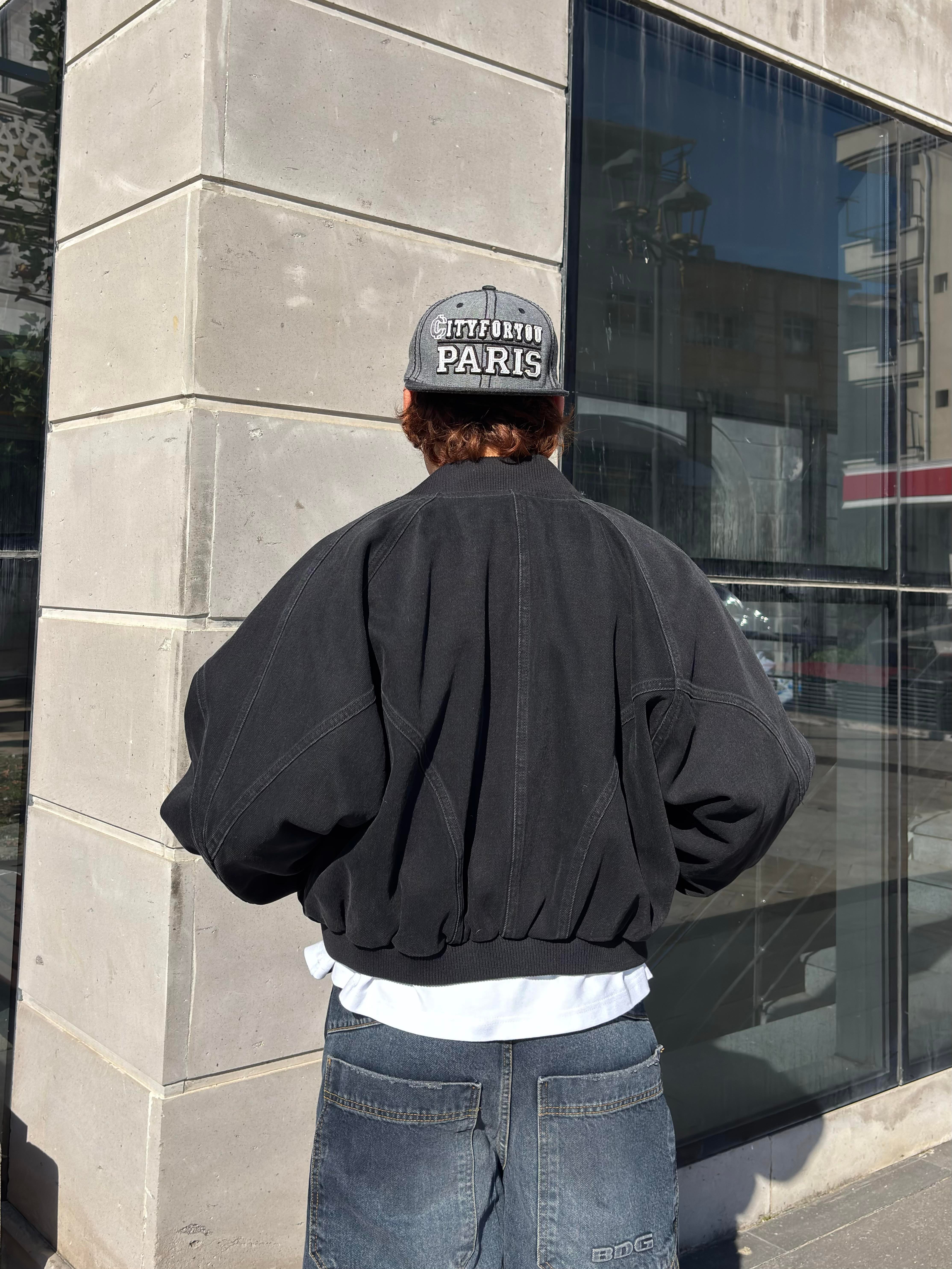 Premium Washed Black Cross Stitched Bomber Jacket
