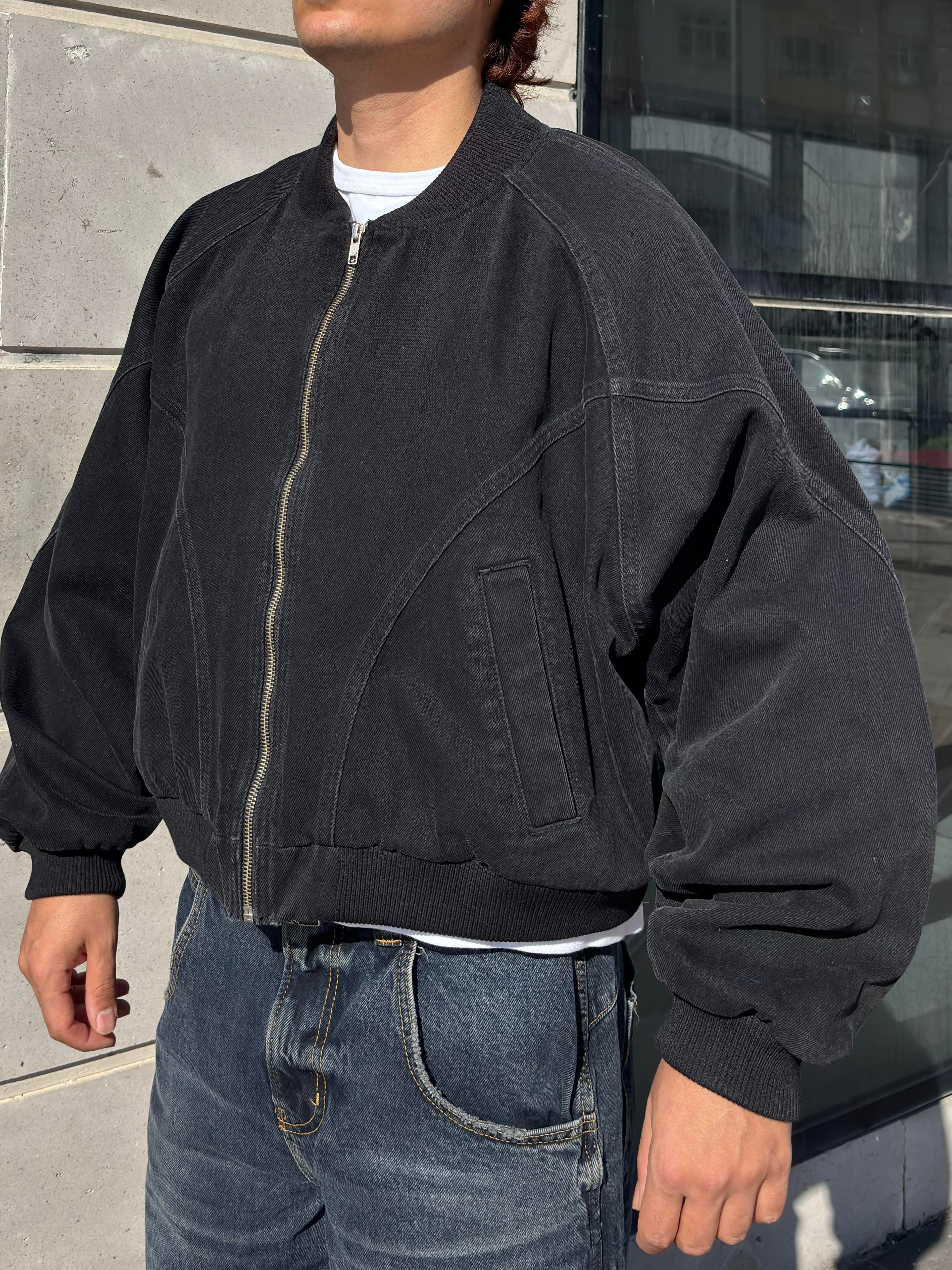 Premium Washed Black Cross Stitched Bomber Jacket