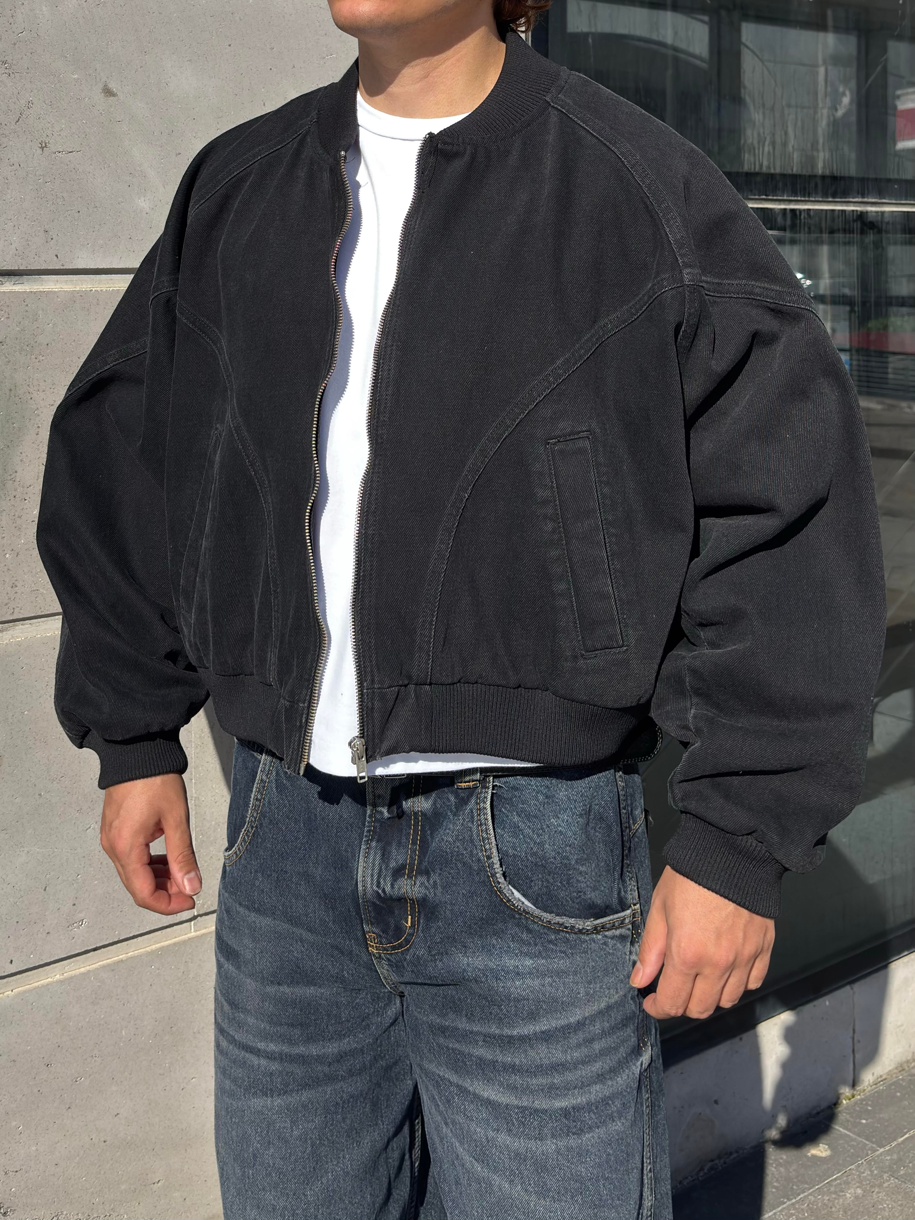 Premium Washed Black Cross Stitched Bomber Jacket