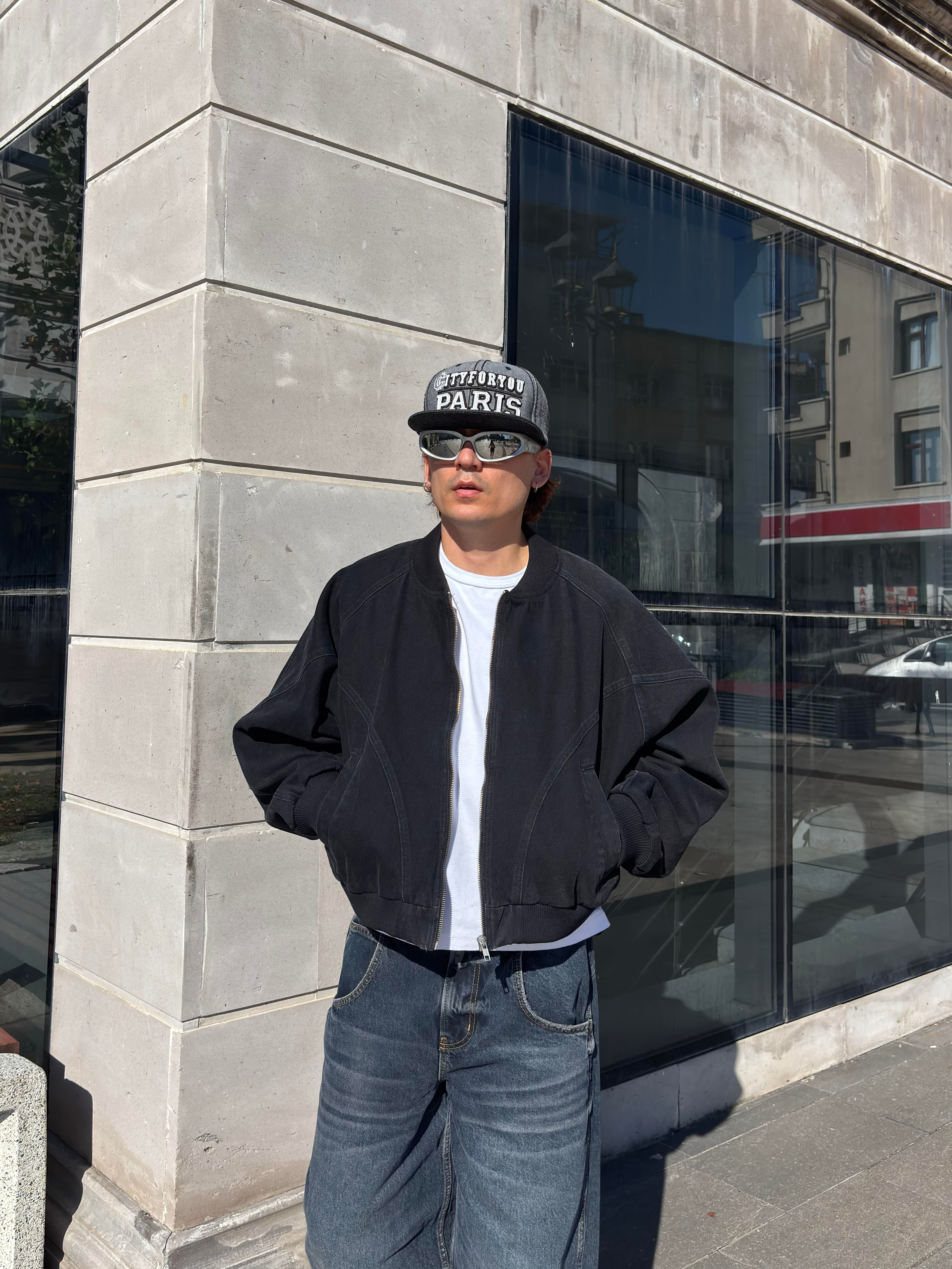 Premium Washed Black Cross Stitched Bomber Jacket
