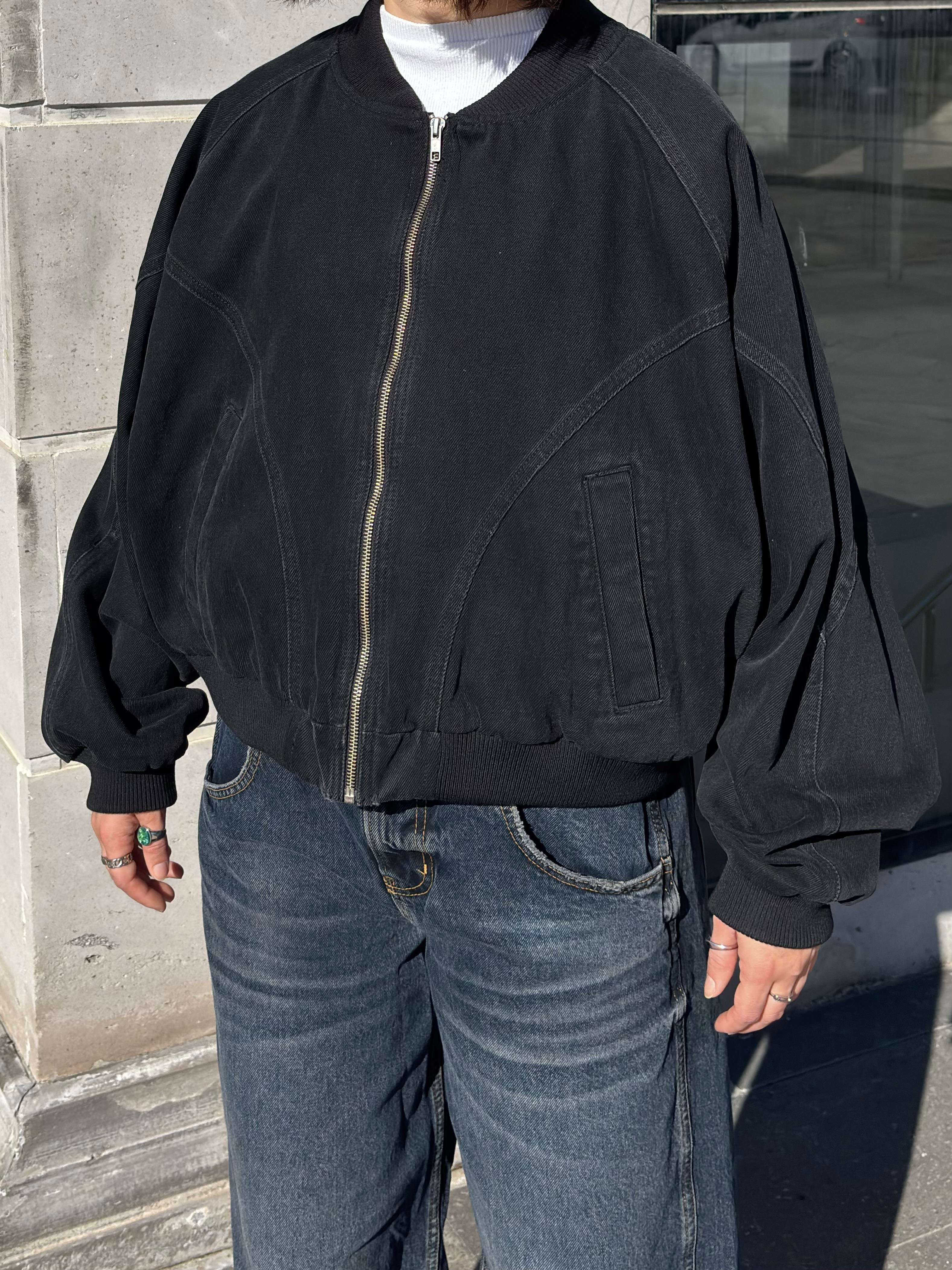 Premium Washed Black Cross Stitched Bomber Jacket