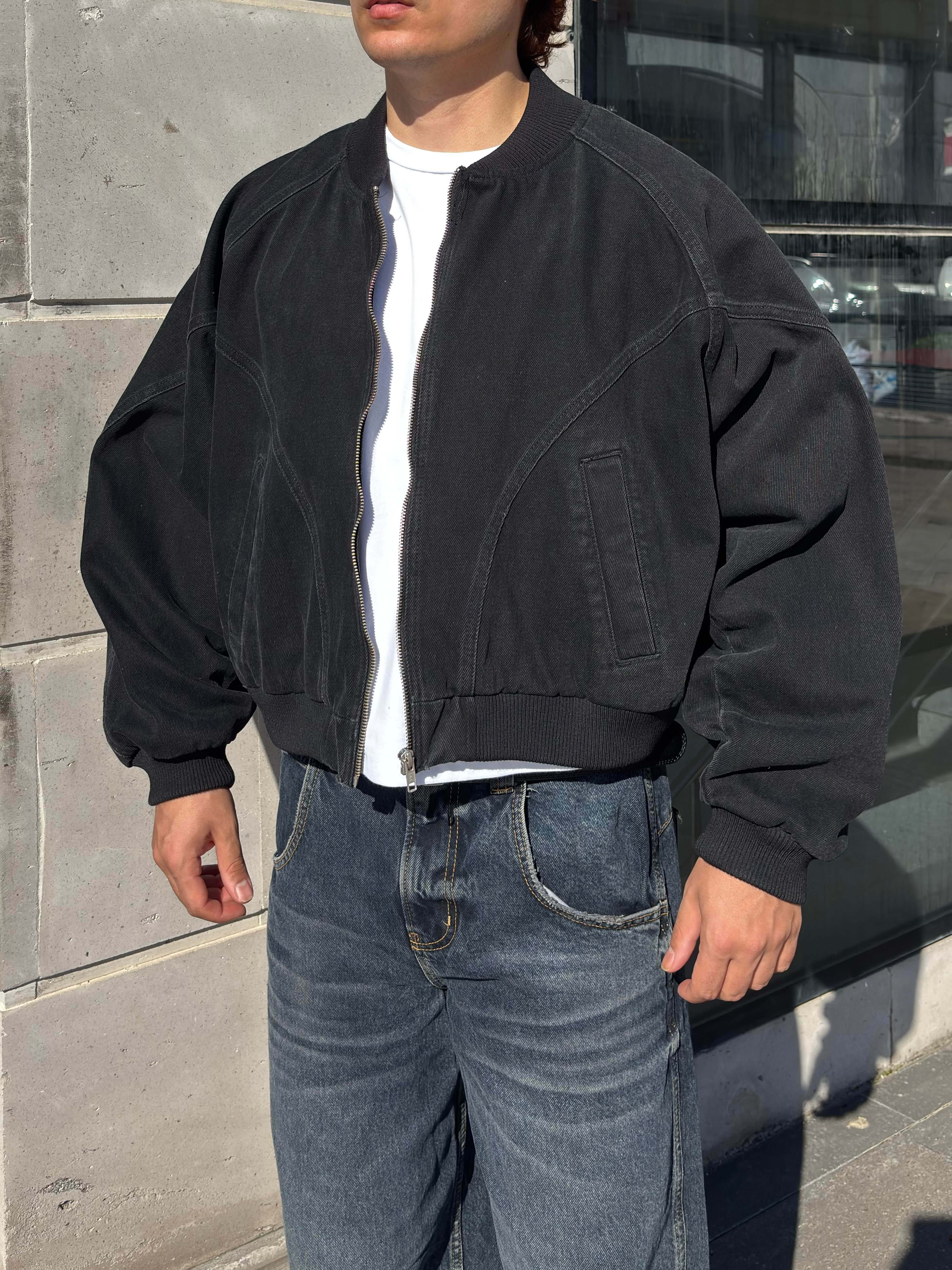 Premium Washed Black Cross Stitched Bomber Jacket