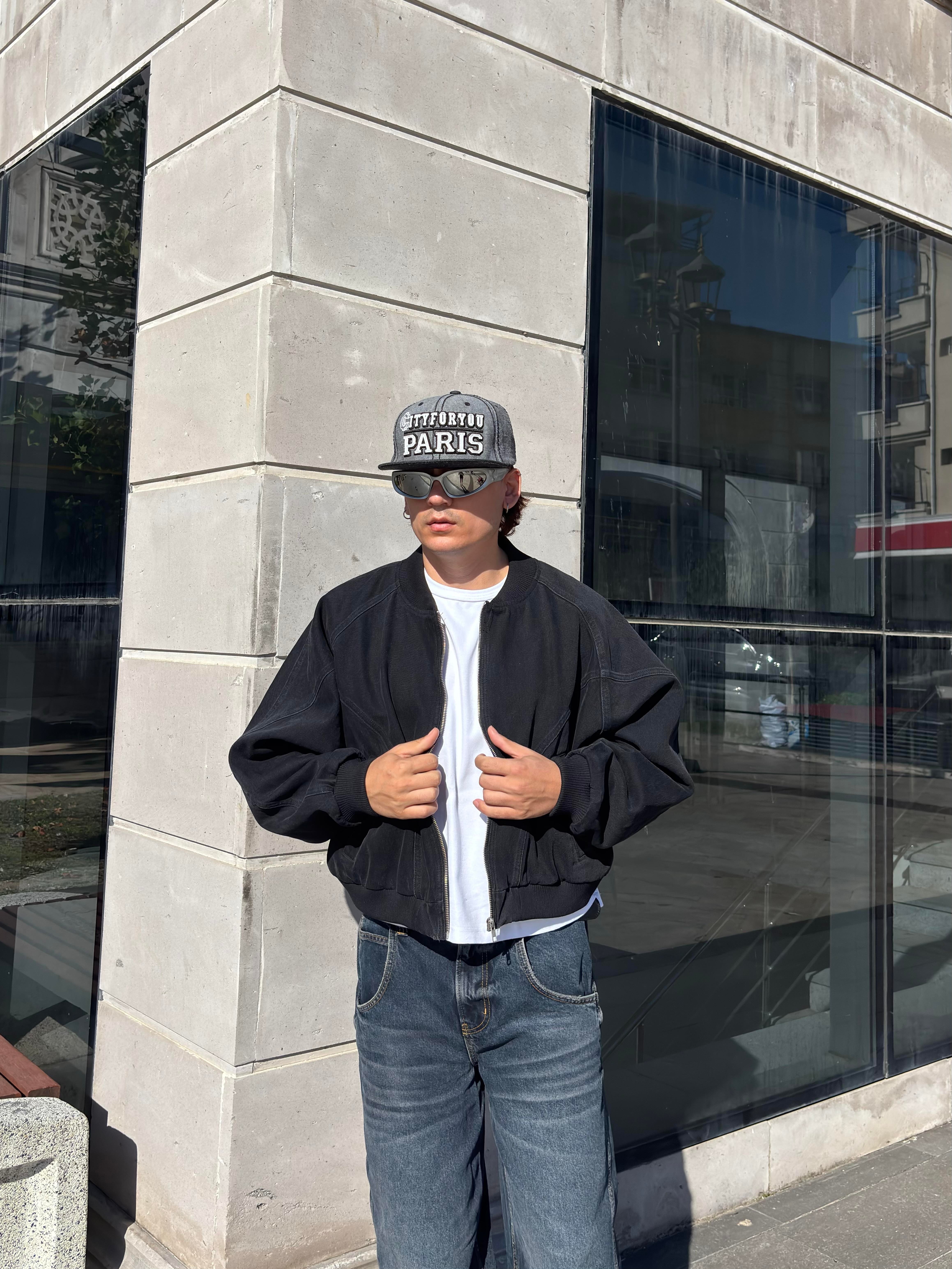 Premium Washed Black Cross Stitched Bomber Jacket