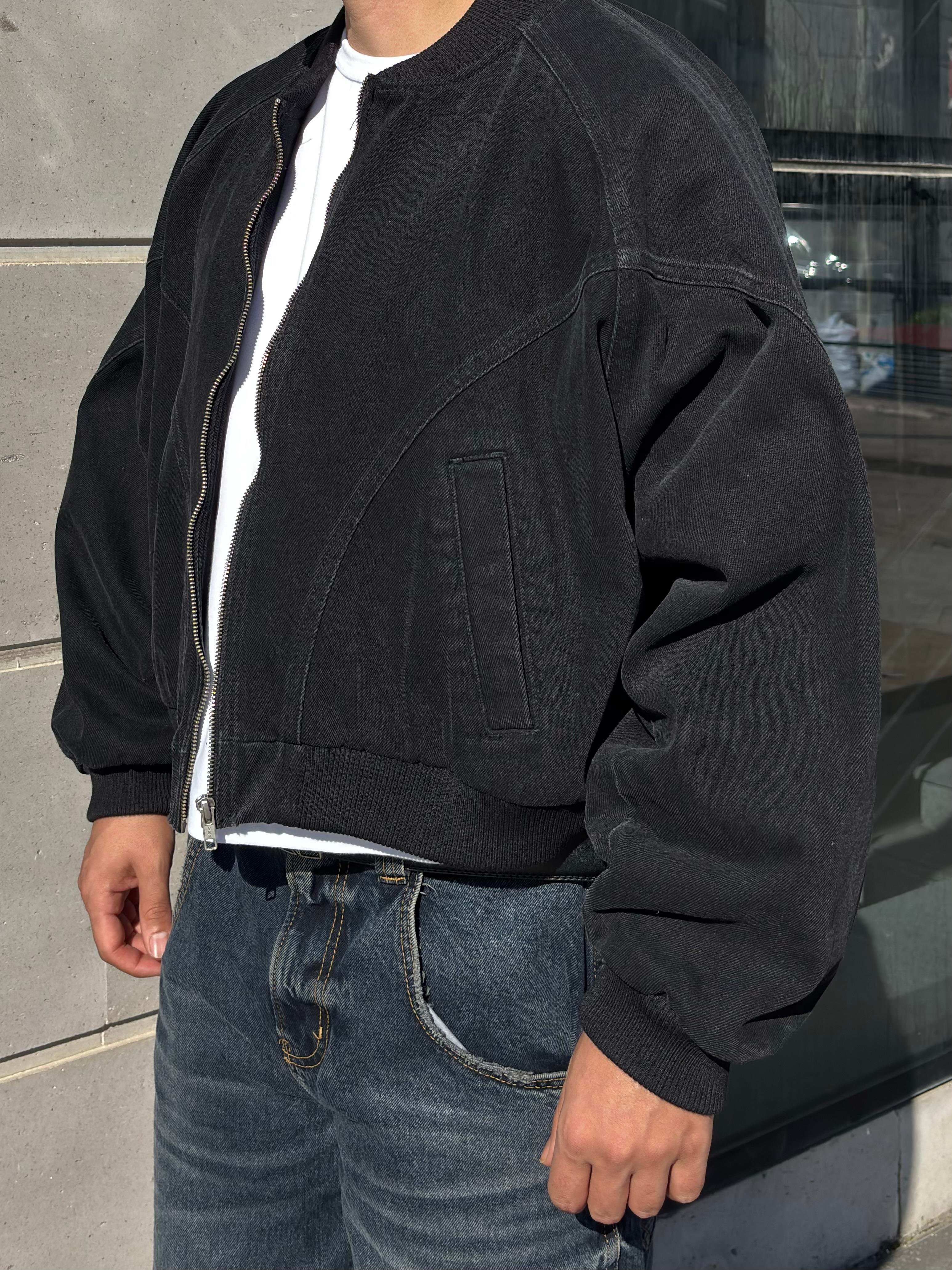 Premium Washed Black Cross Stitched Bomber Jacket