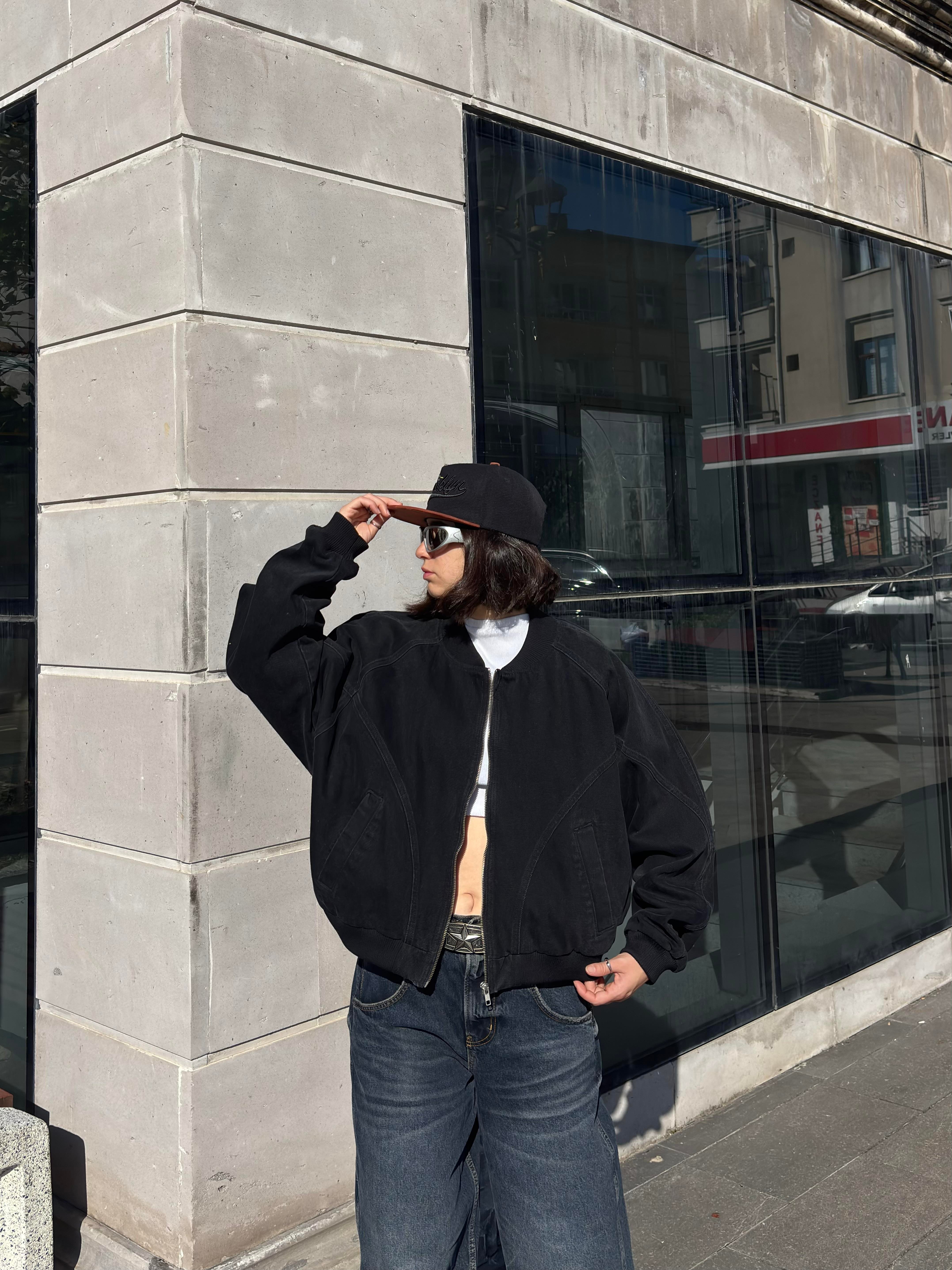 Premium Washed Black Cross Stitched Bomber Jacket
