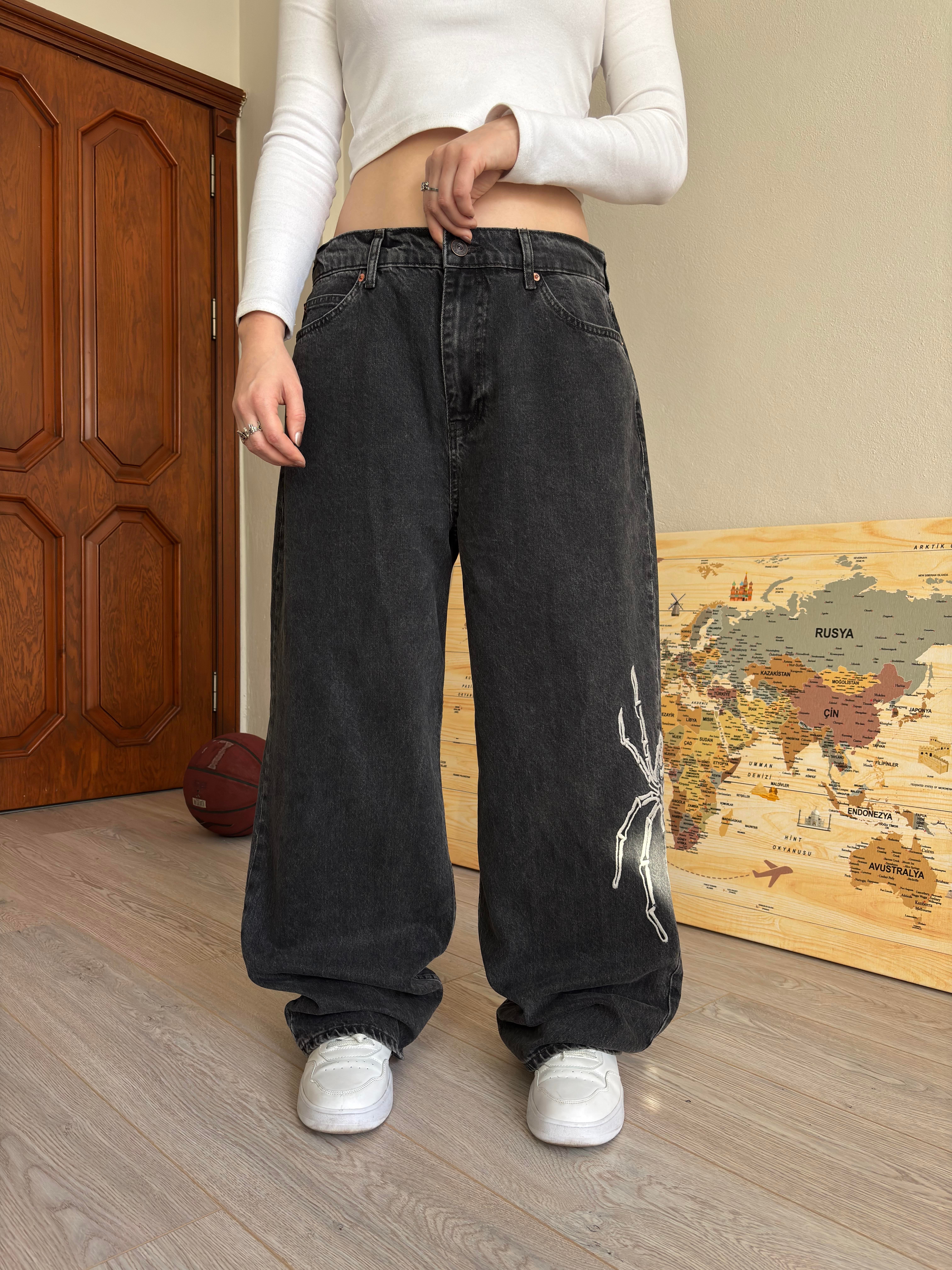 Premium Washed Black Jack Spider Baggy Jeans