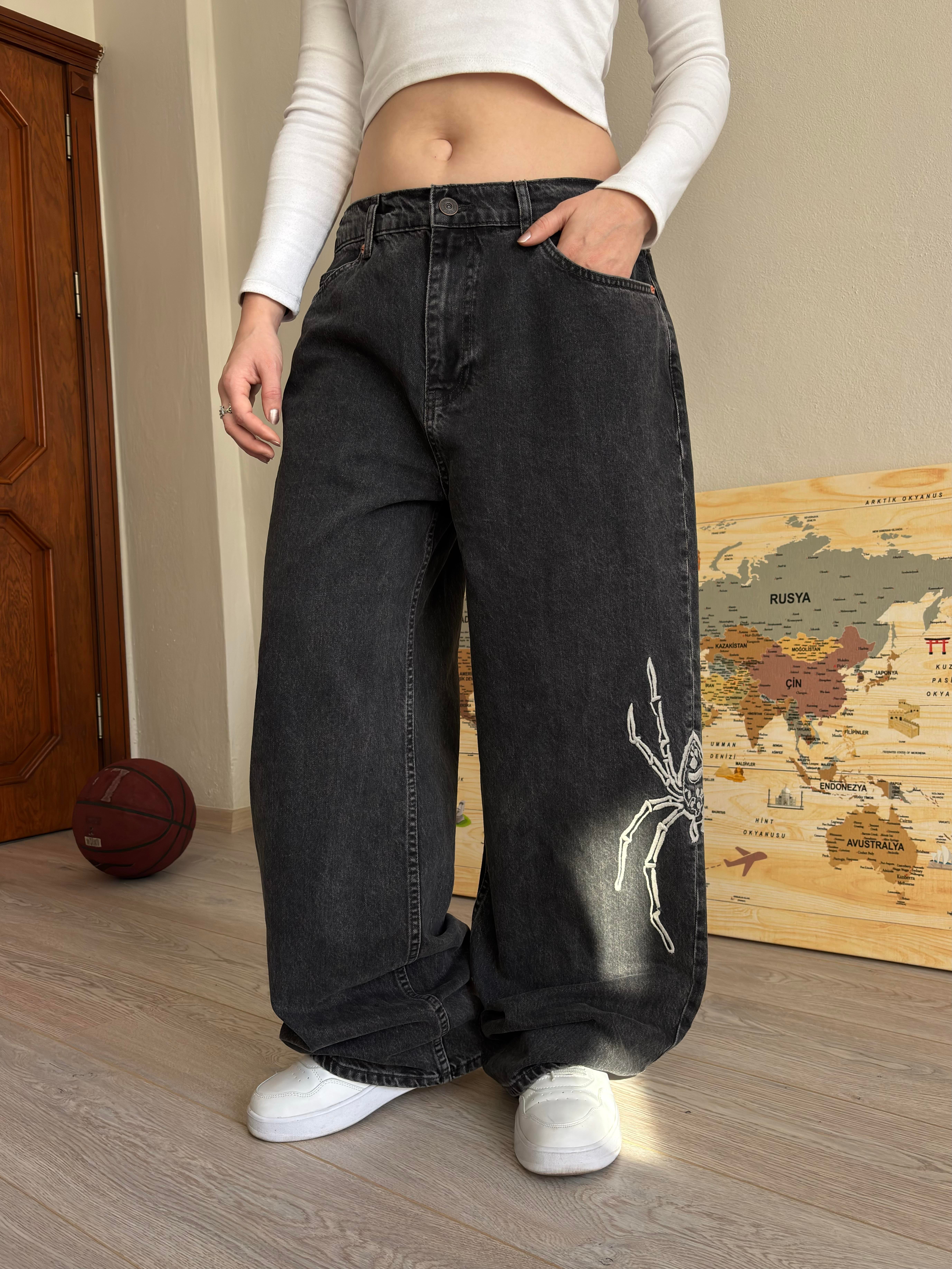 Premium Washed Black Jack Spider Baggy Jeans