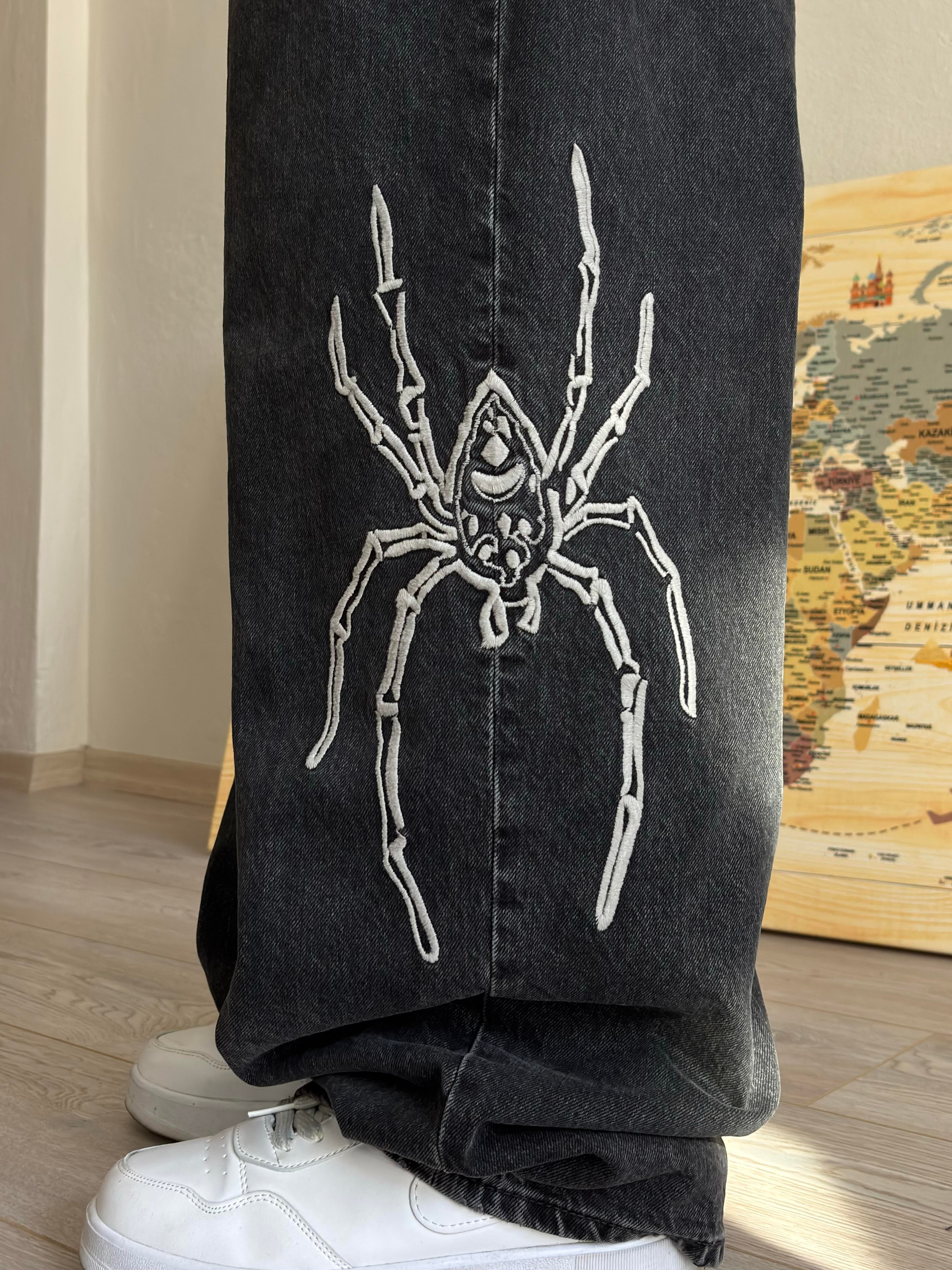 Premium Washed Black Jack Spider Baggy Jeans