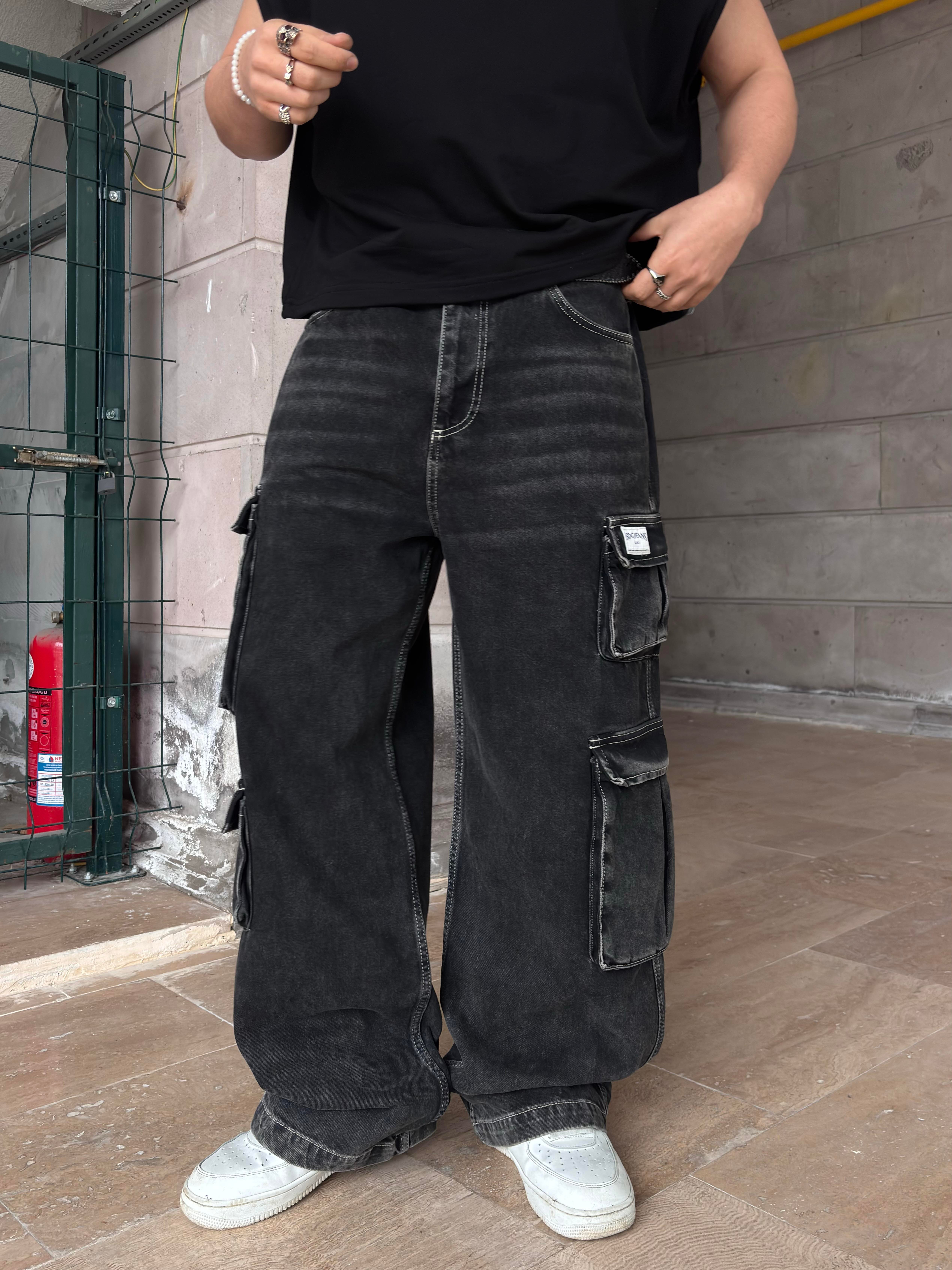 Premium Washed Black Multi-Pocket Cargo Jeans