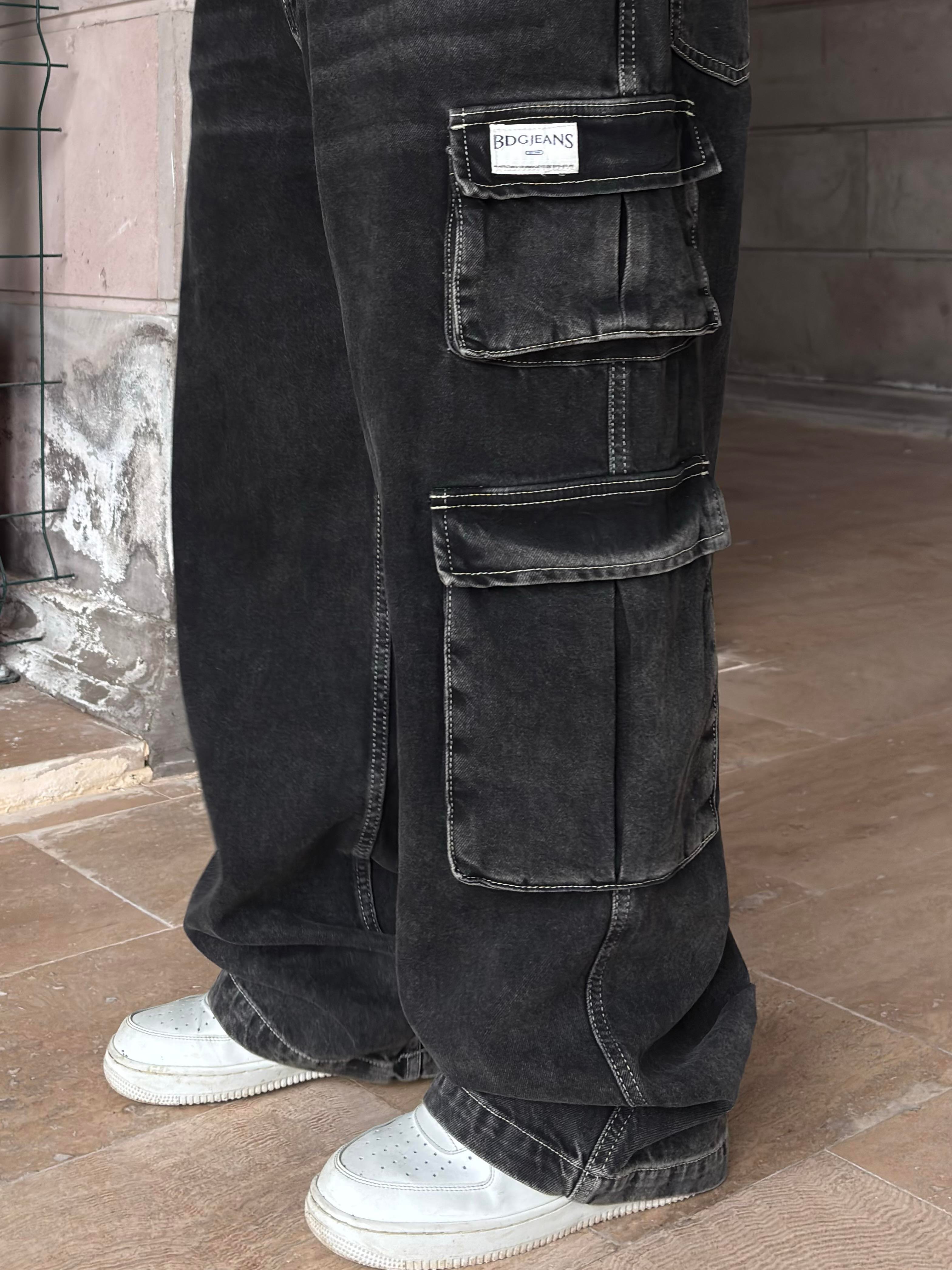 Premium Washed Black Multi-Pocket Cargo Jeans