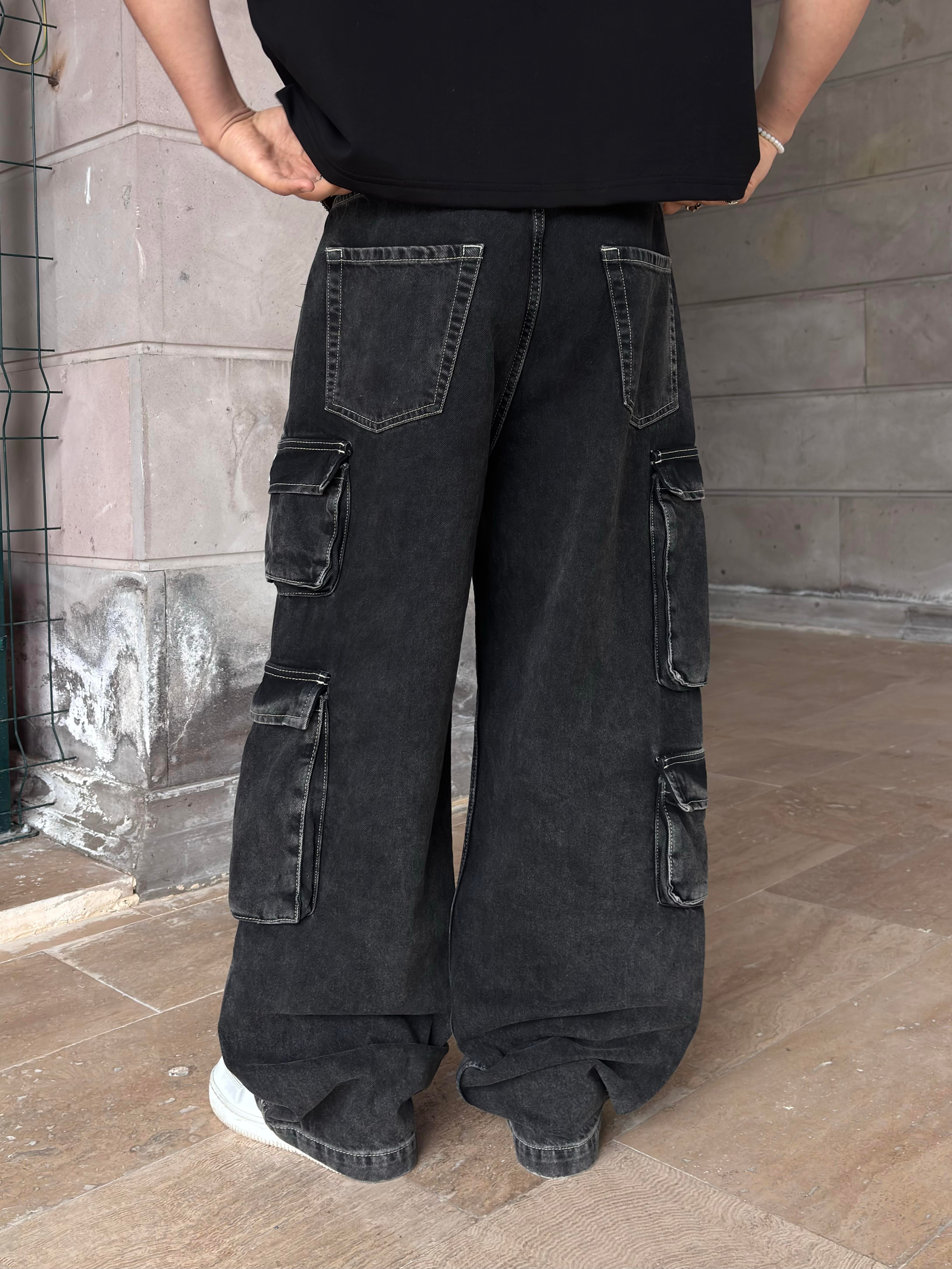 Premium Washed Black Multi-Pocket Cargo Jeans