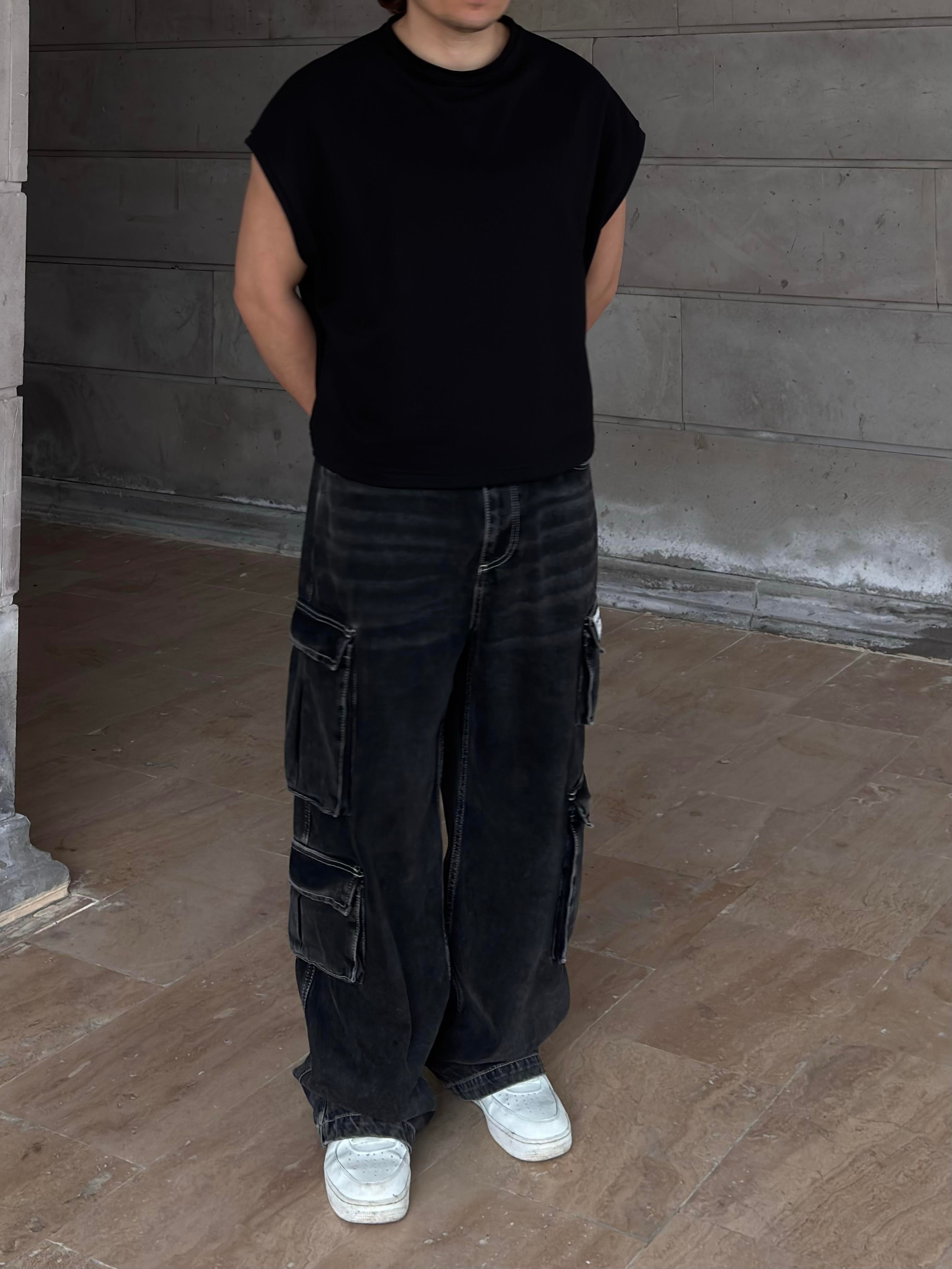 Premium Washed Black Multi-Pocket Cargo Jeans