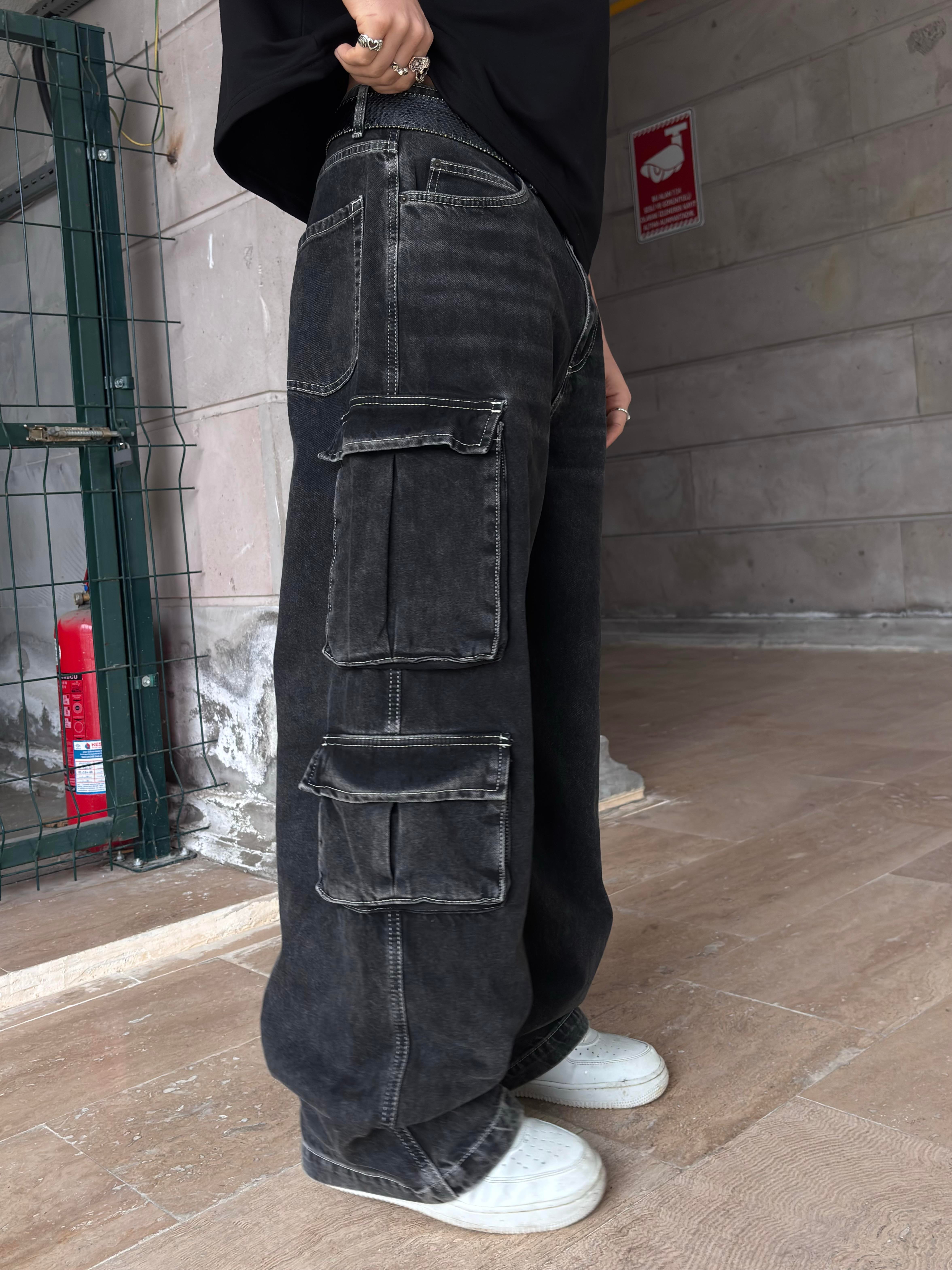 Premium Washed Black Multi-Pocket Cargo Jeans