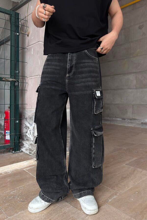 Premium Washed Black Multi-Pocket Cargo Jeans