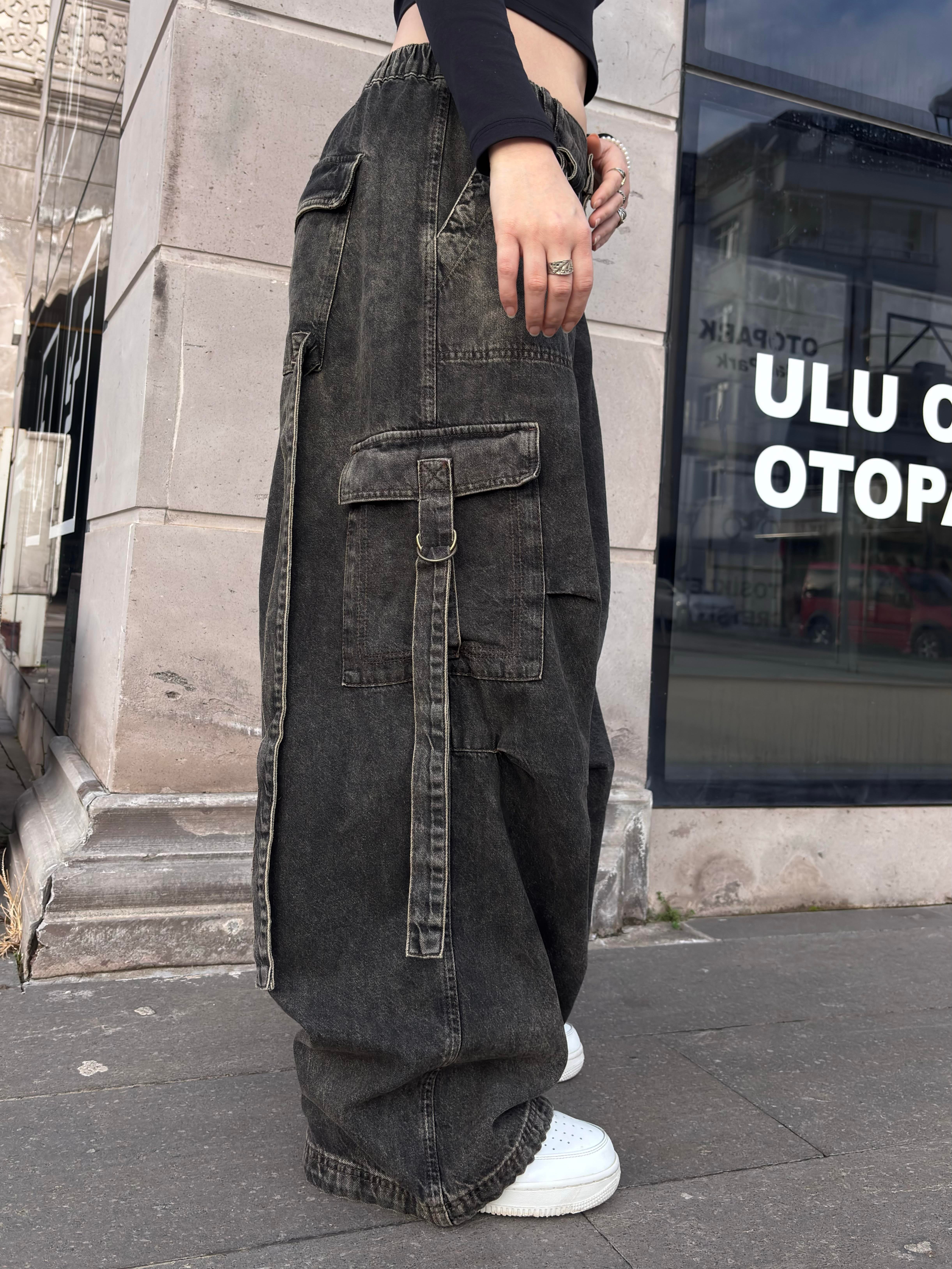 Premium Washed Black Strappy Baggy Cargo Pants