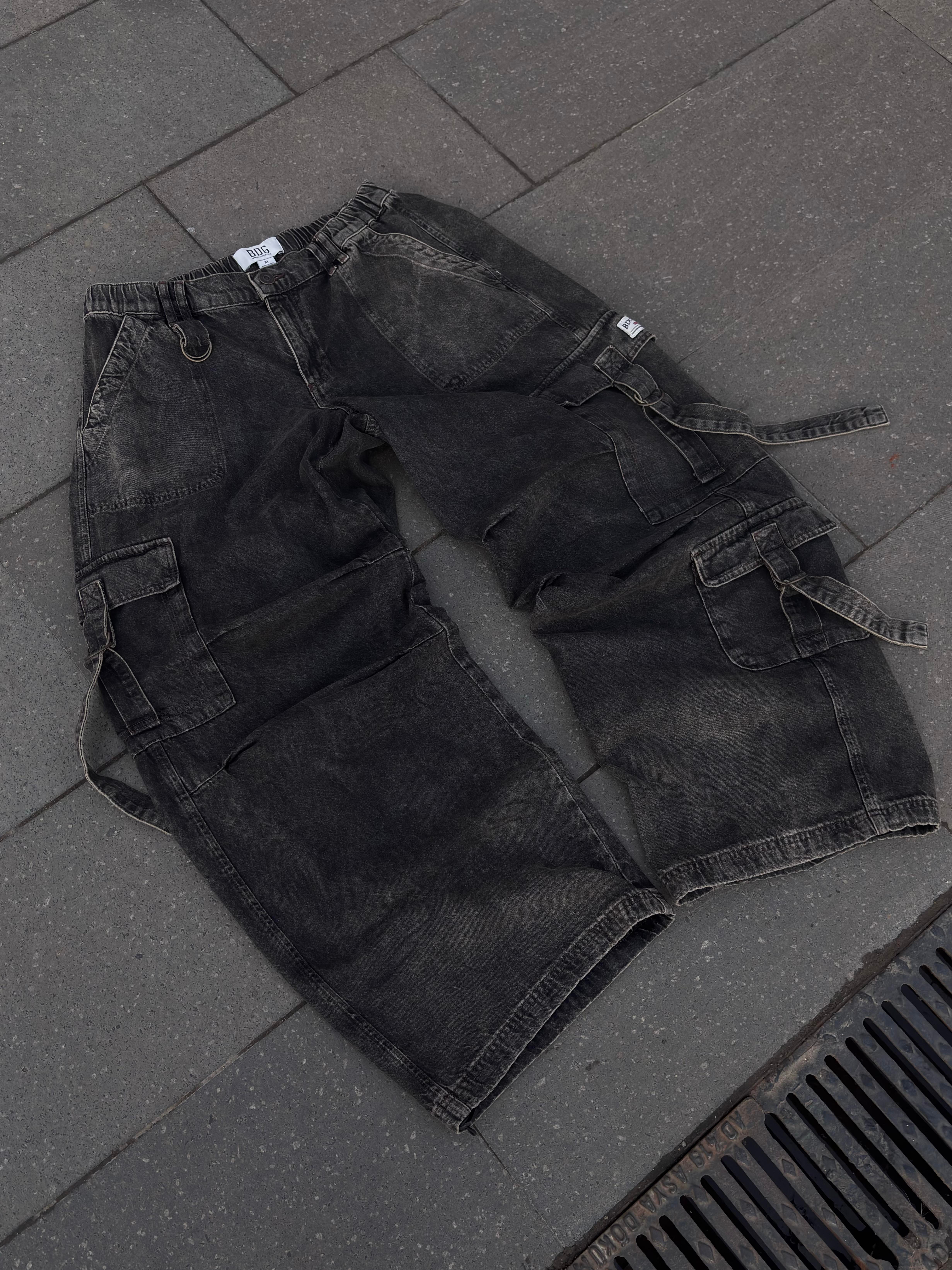 Premium Washed Black Strappy Baggy Cargo Pants