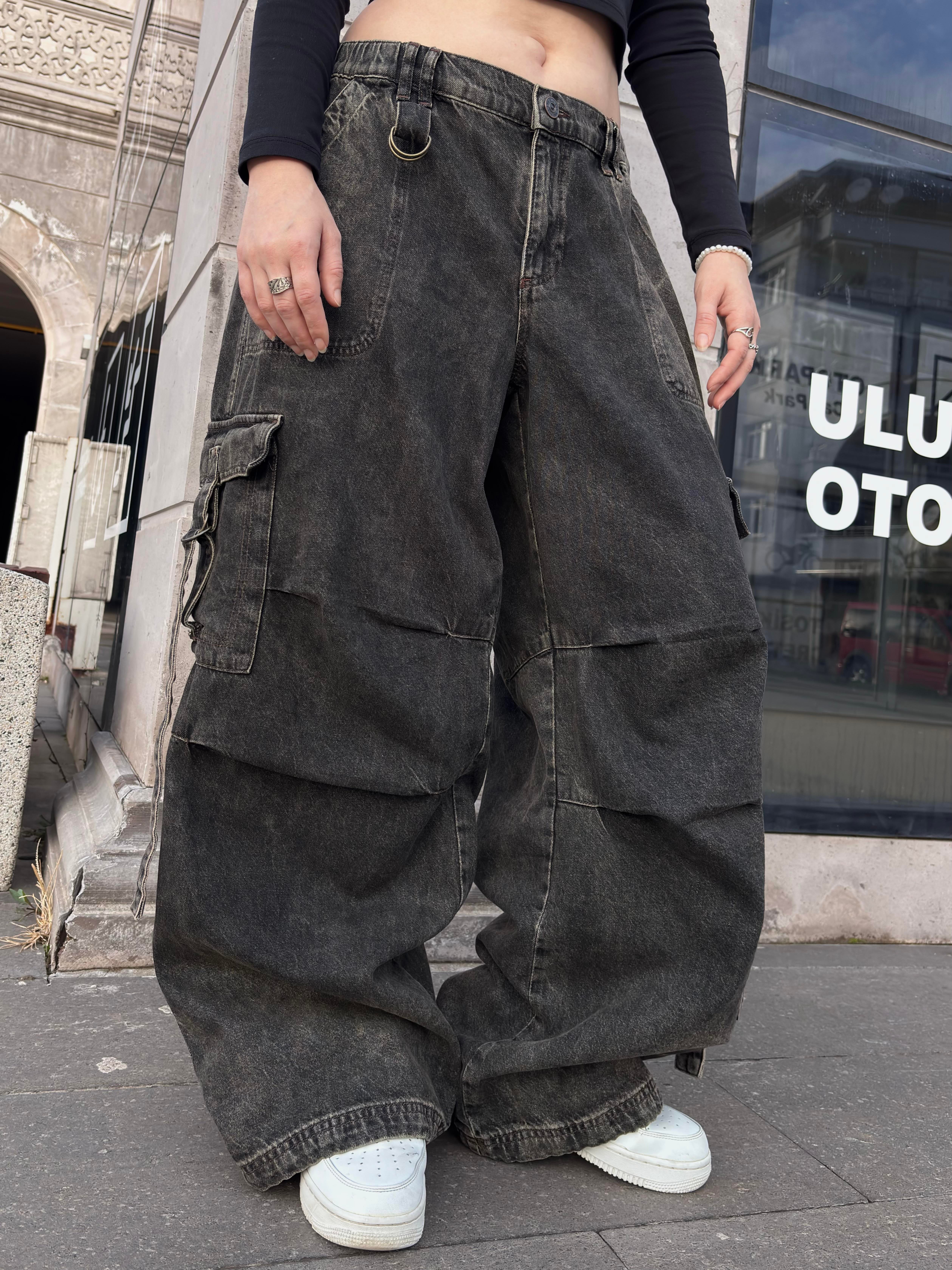 Premium Washed Black Strappy Baggy Cargo Pants
