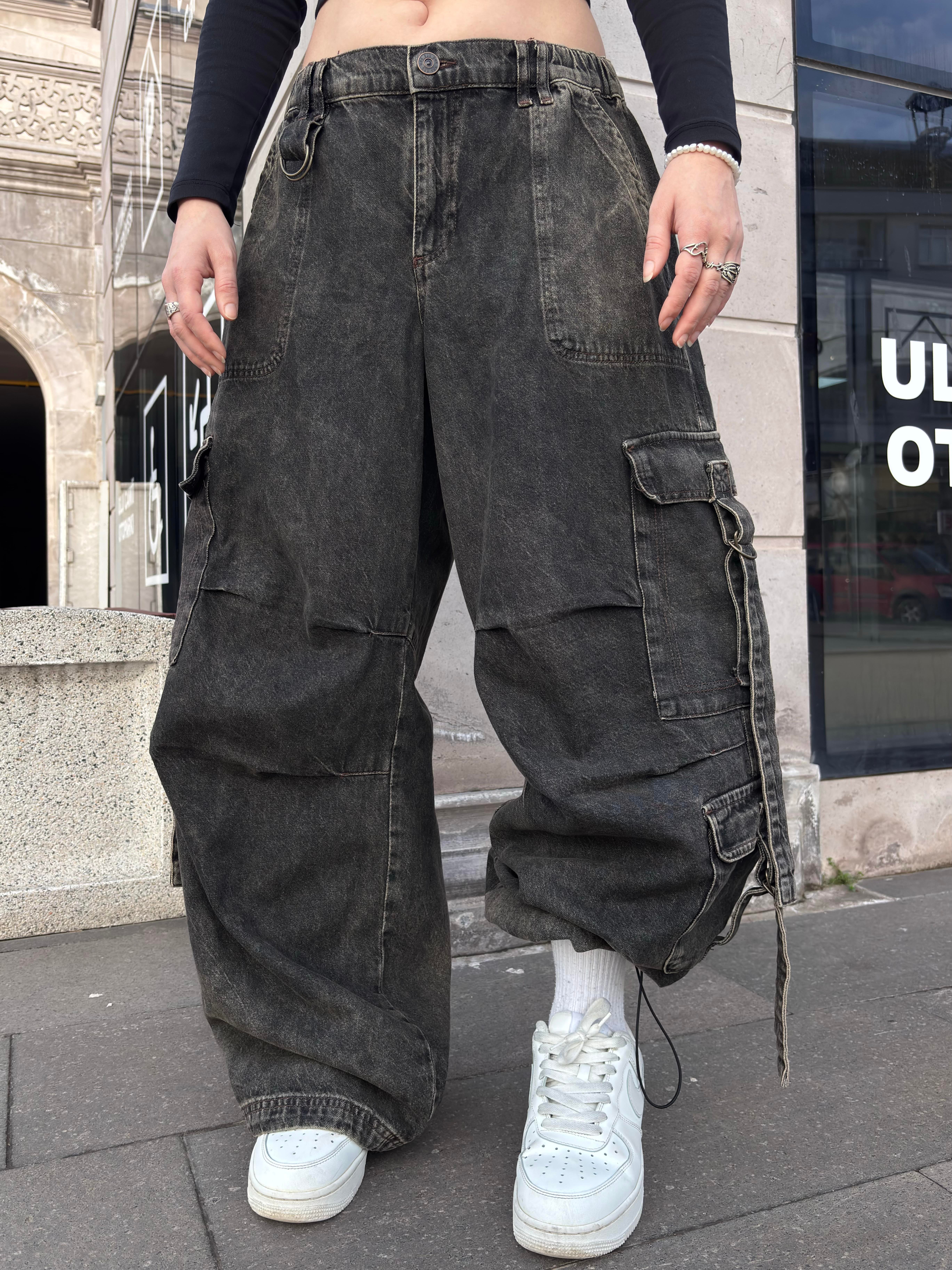 Premium Washed Black Strappy Baggy Cargo Pants