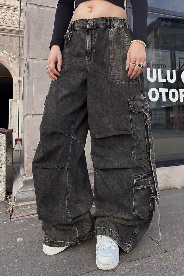 Premium Washed Black Strappy Baggy Cargo Pants