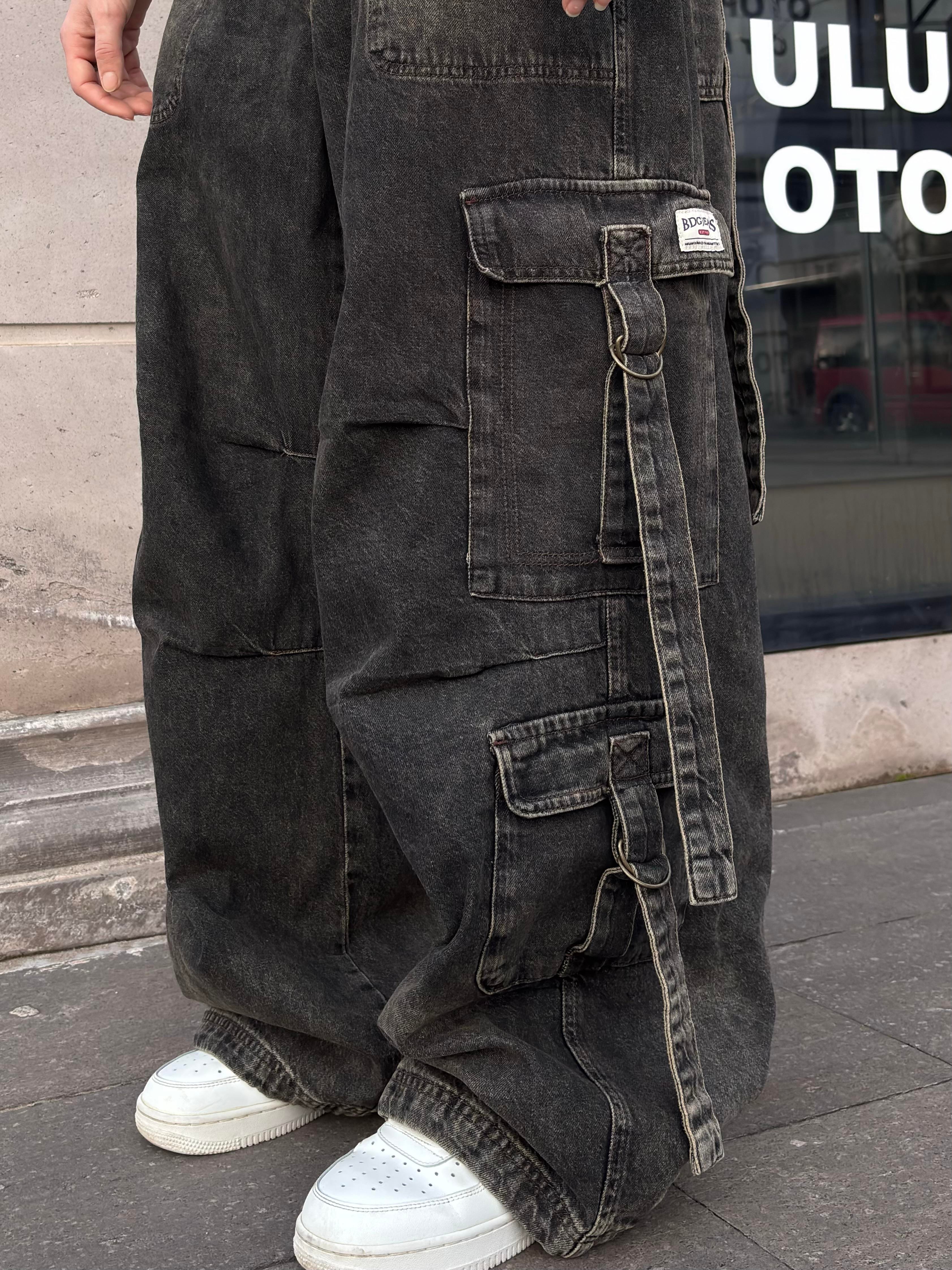 Premium Washed Black Strappy Baggy Cargo Pants