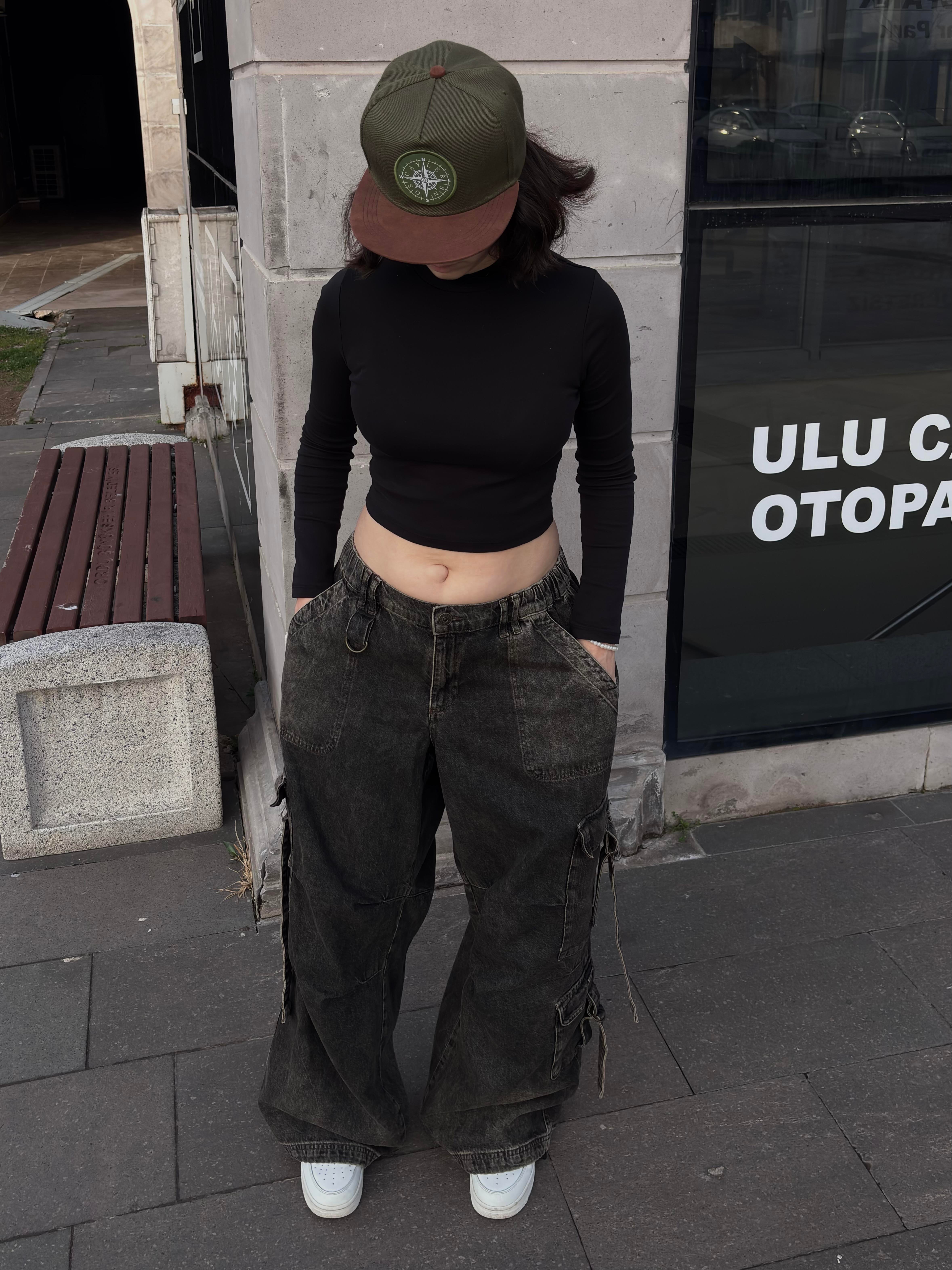 Premium Washed Black Strappy Baggy Cargo Pants