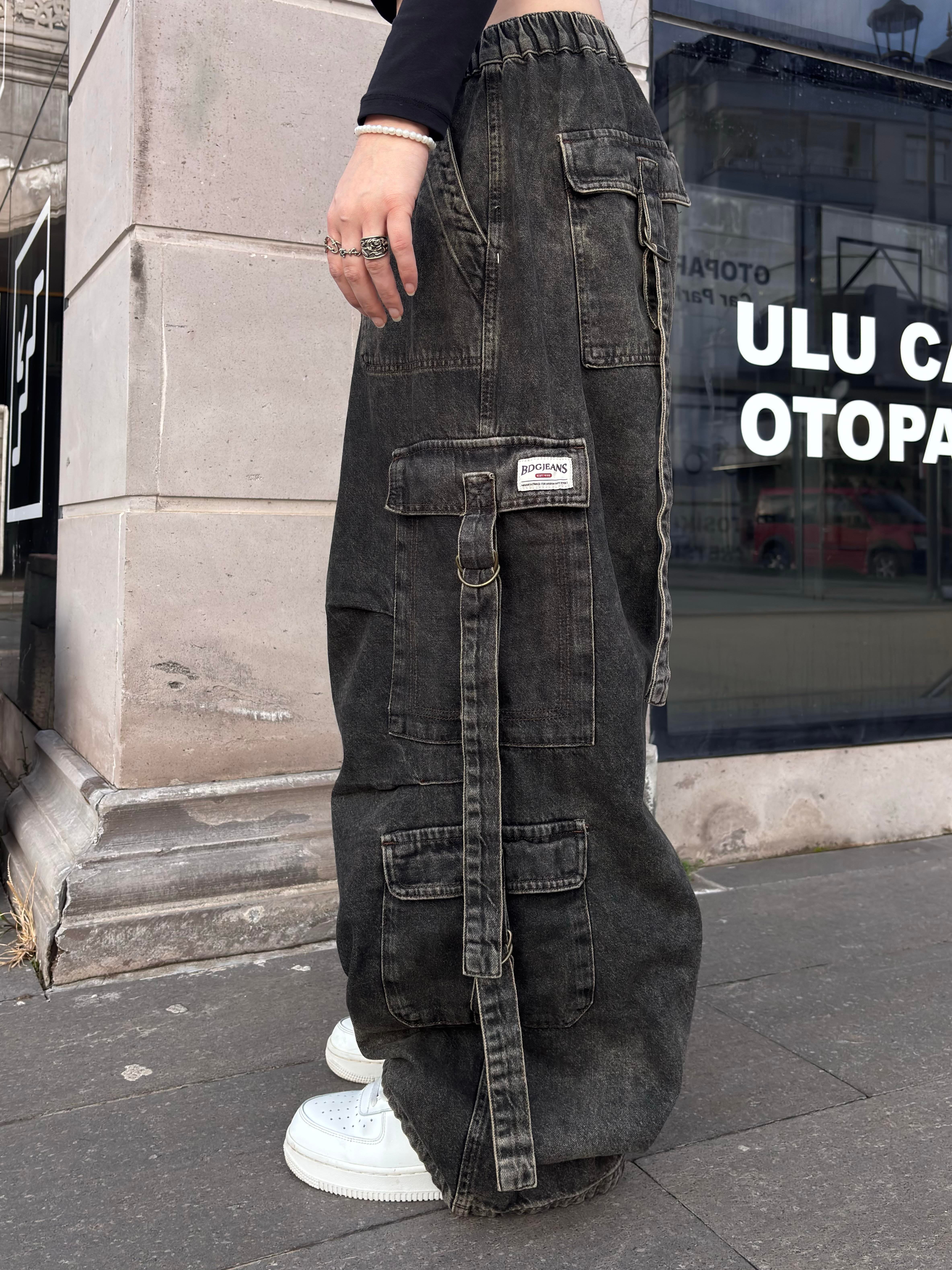 Premium Washed Black Strappy Baggy Cargo Pants