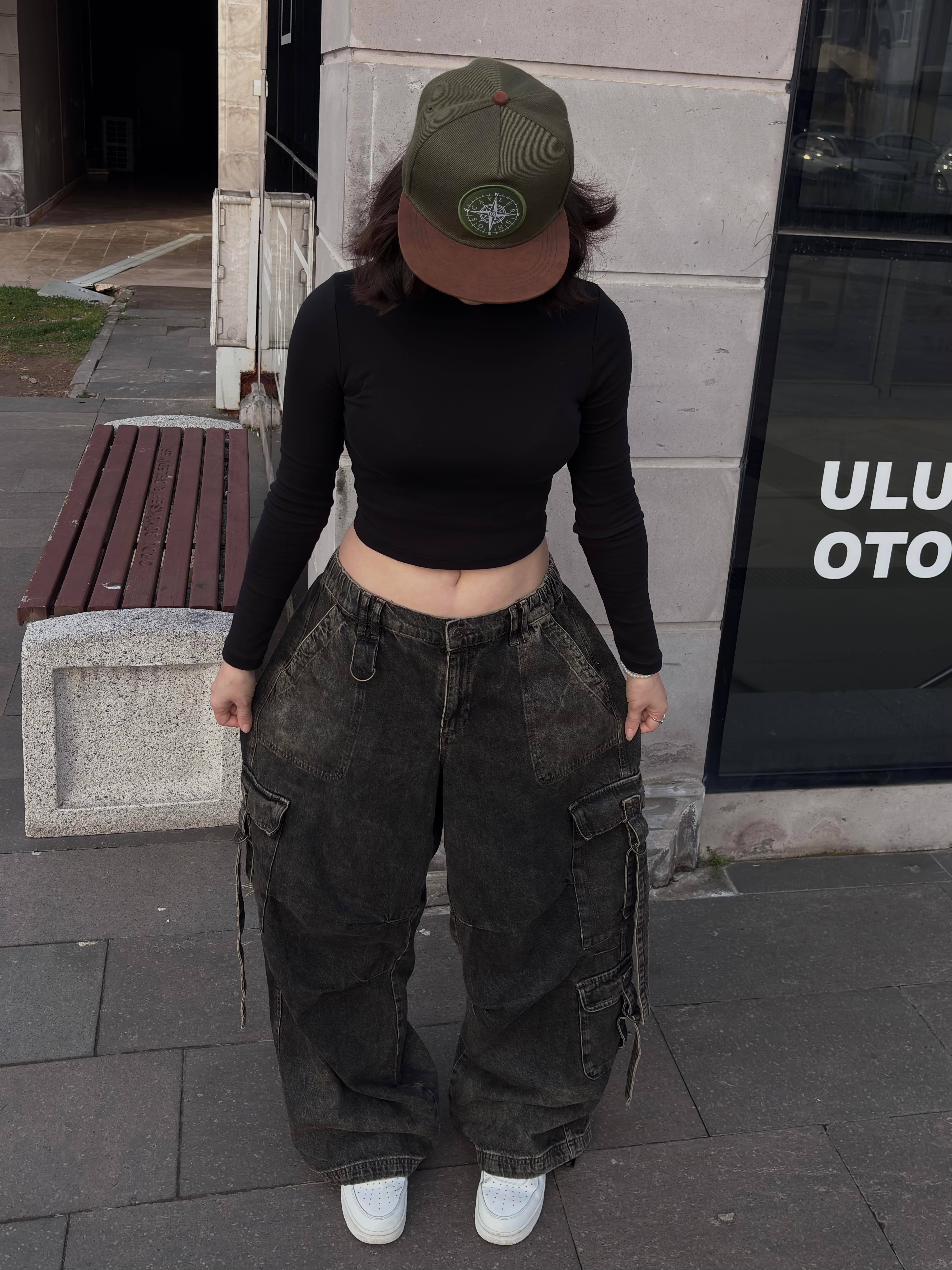 Premium Washed Black Strappy Baggy Cargo Pants
