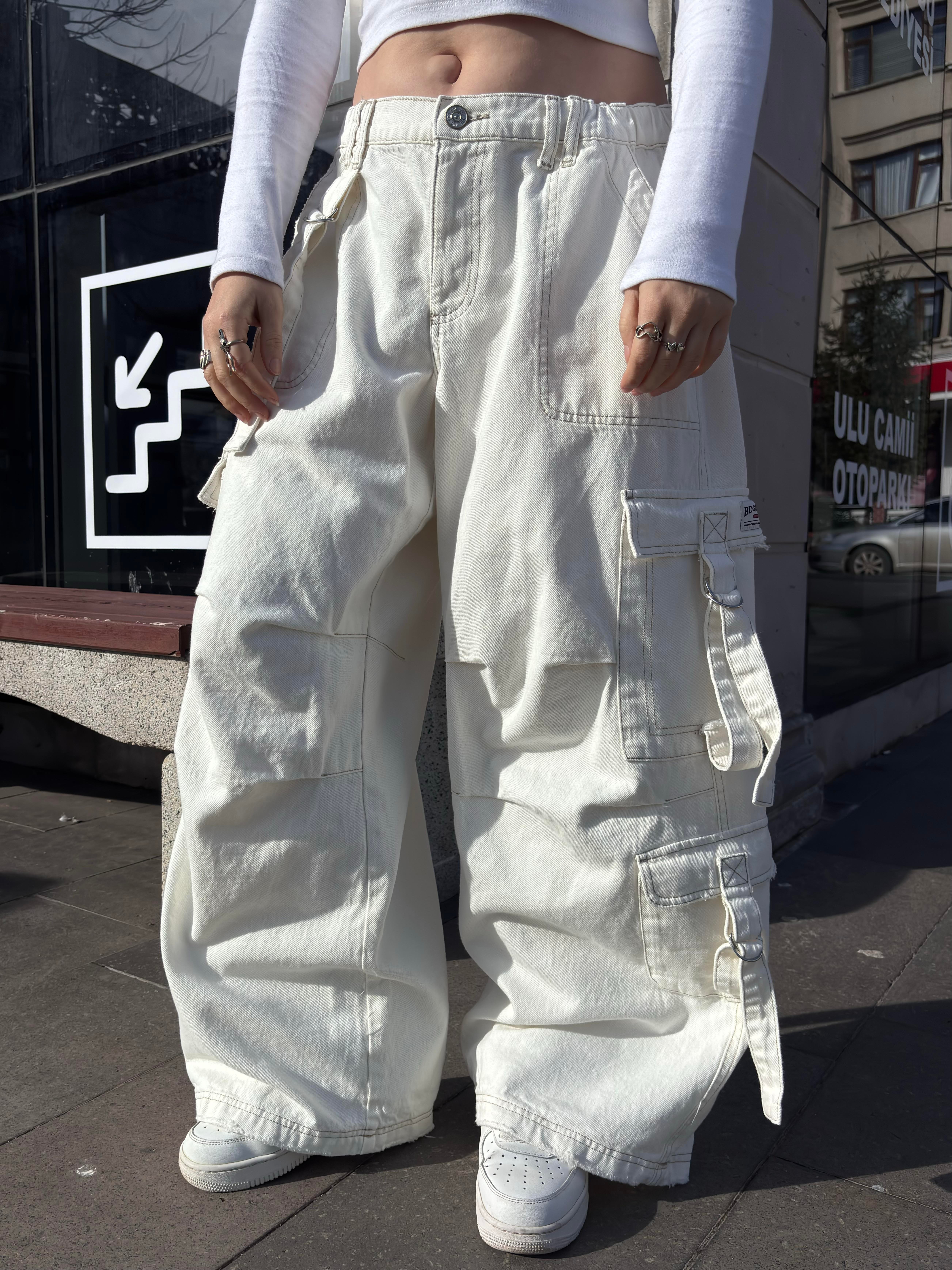 Premium White Strappy Baggy Cargo Pants