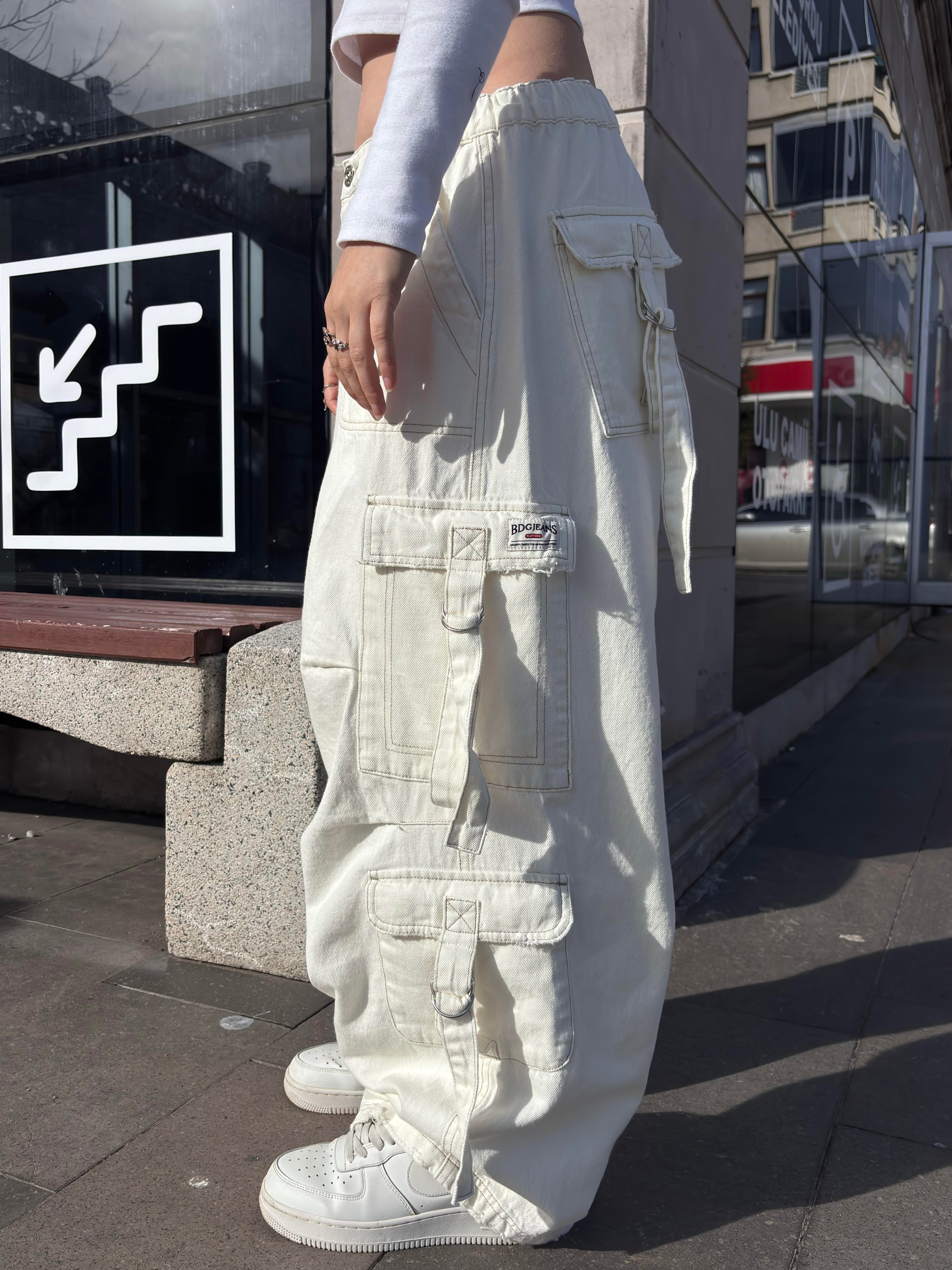Premium White Strappy Baggy Cargo Pants
