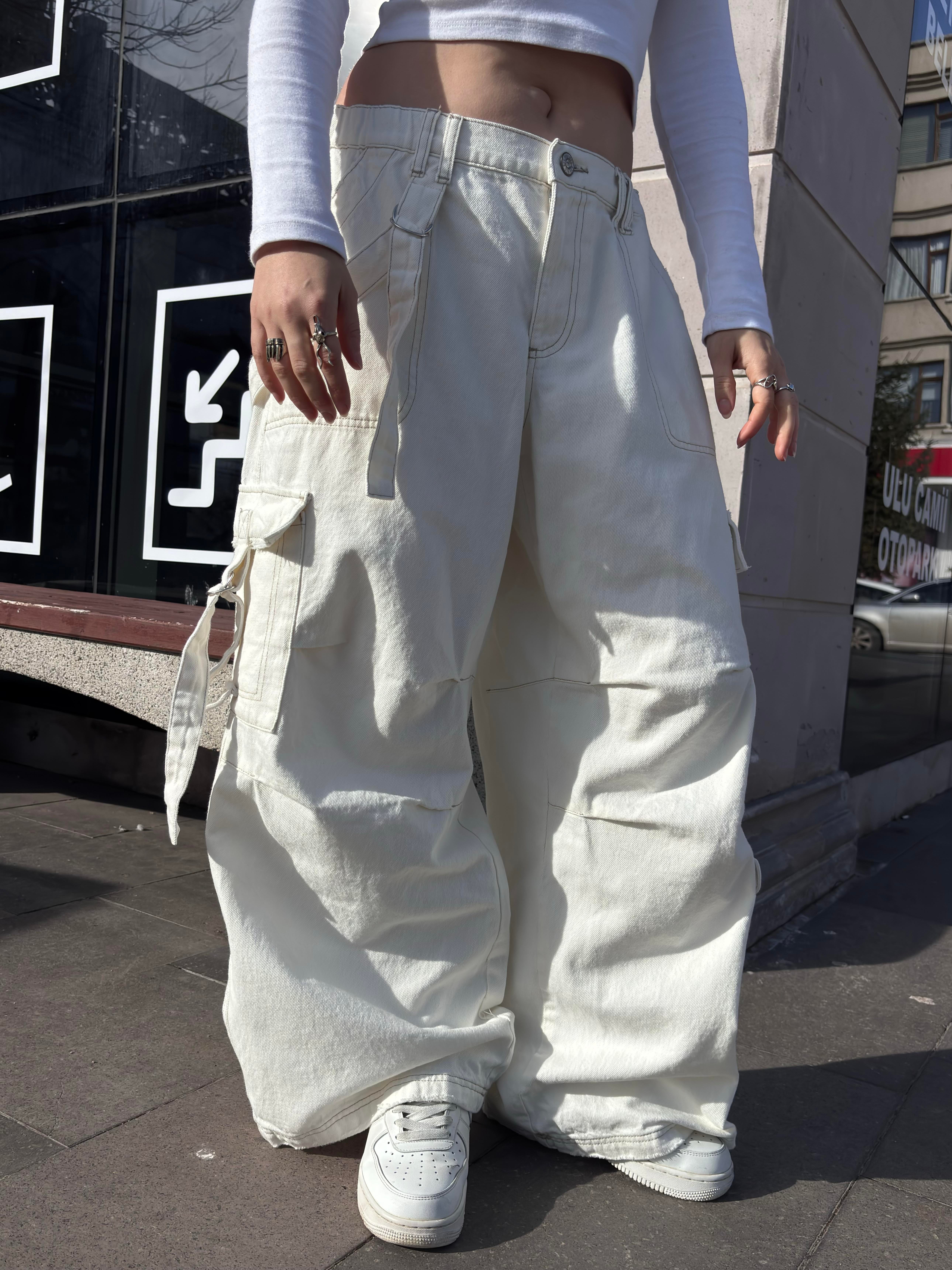 Premium White Strappy Baggy Cargo Pants