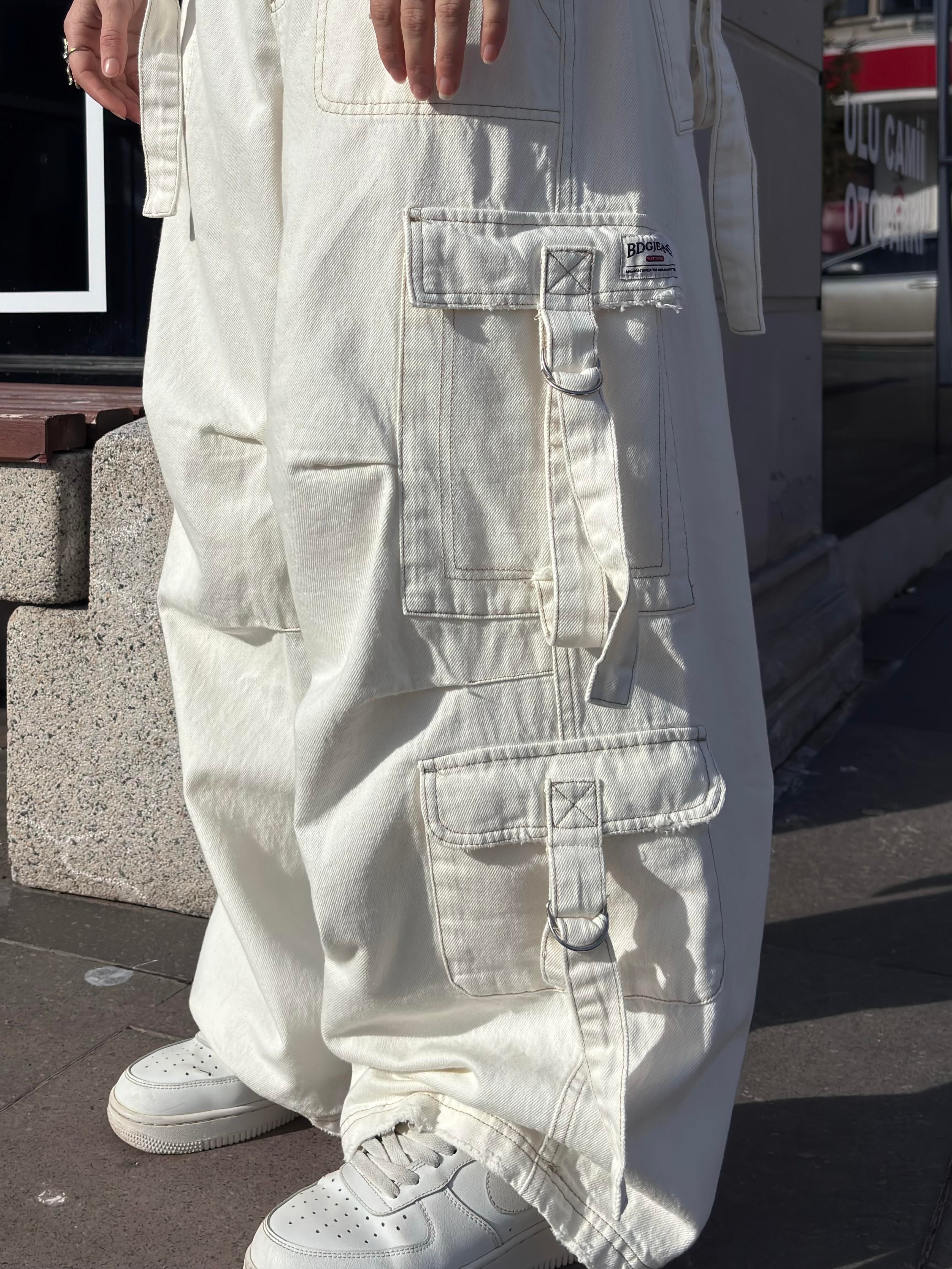 Premium White Strappy Baggy Cargo Pants