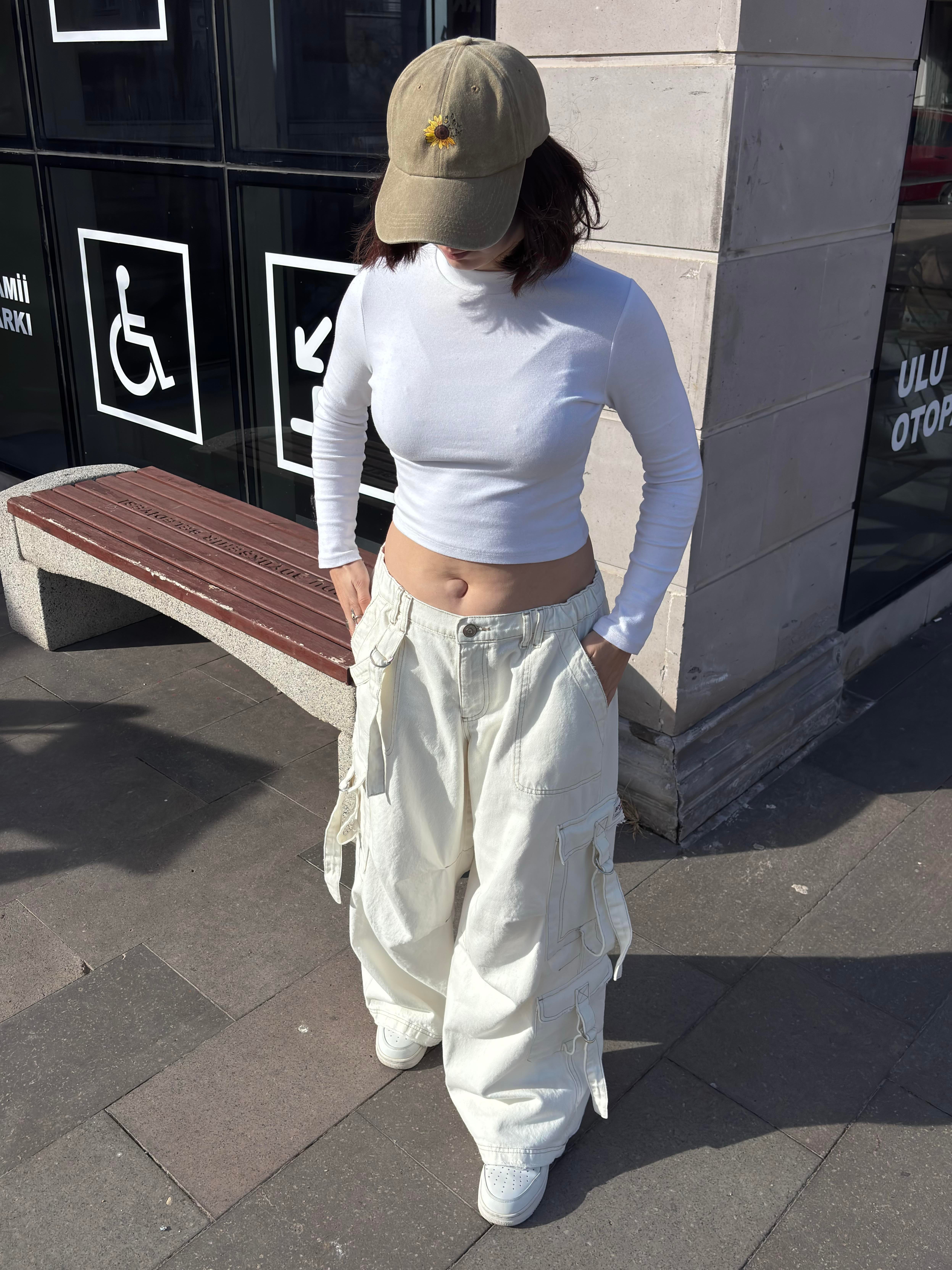 Premium White Strappy Baggy Cargo Pants