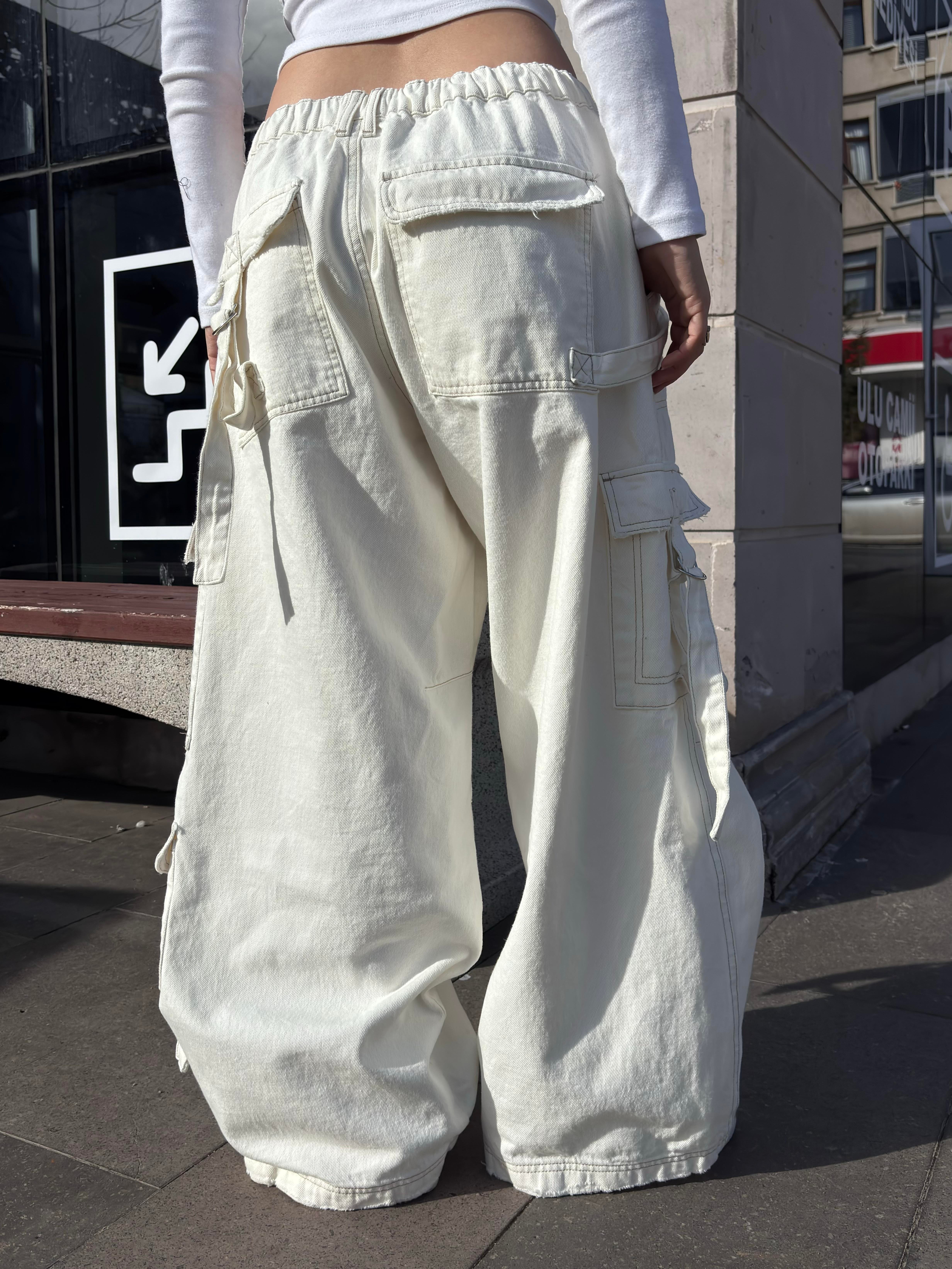 Premium White Strappy Baggy Cargo Pants
