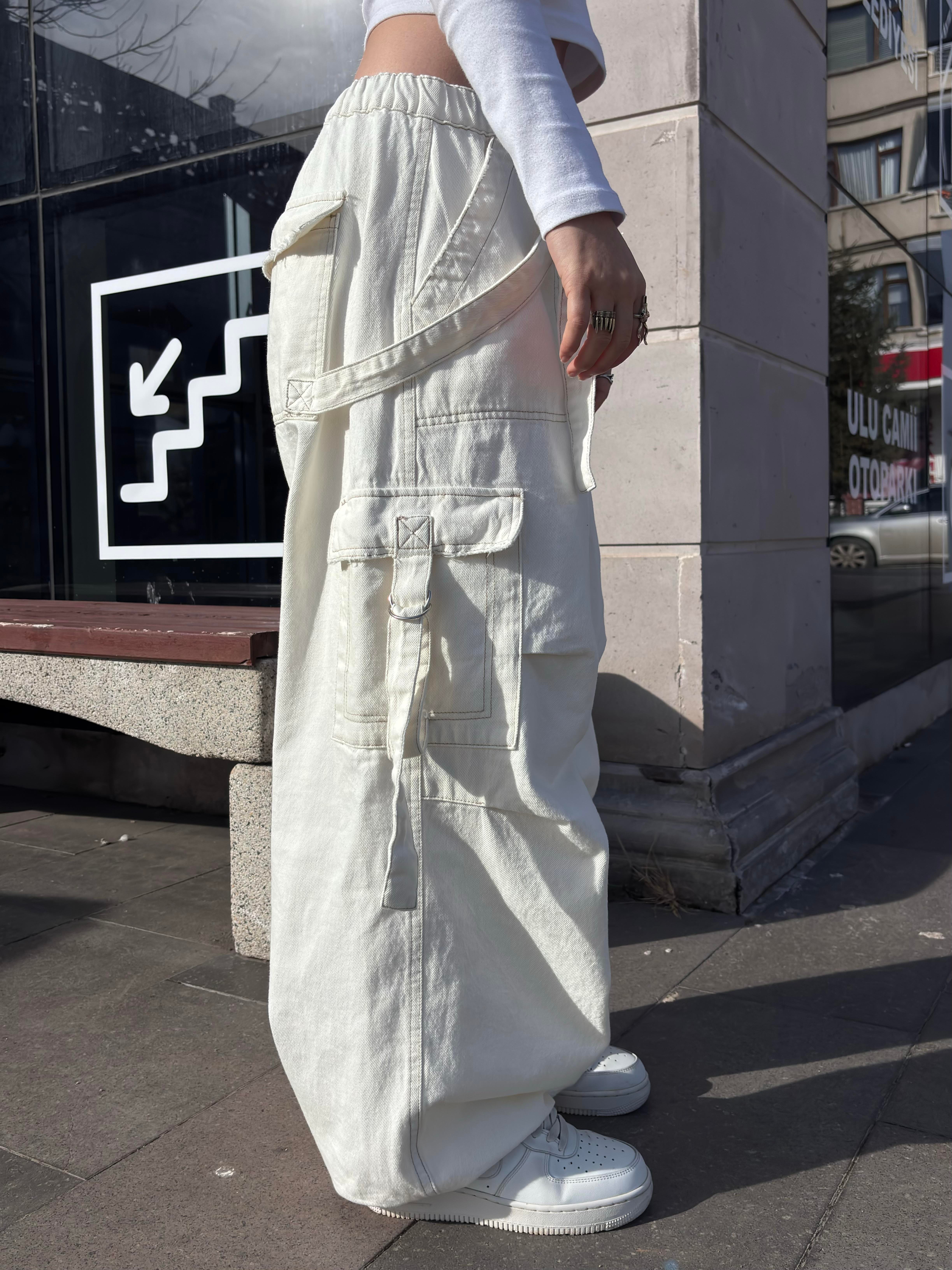 Premium White Strappy Baggy Cargo Pants
