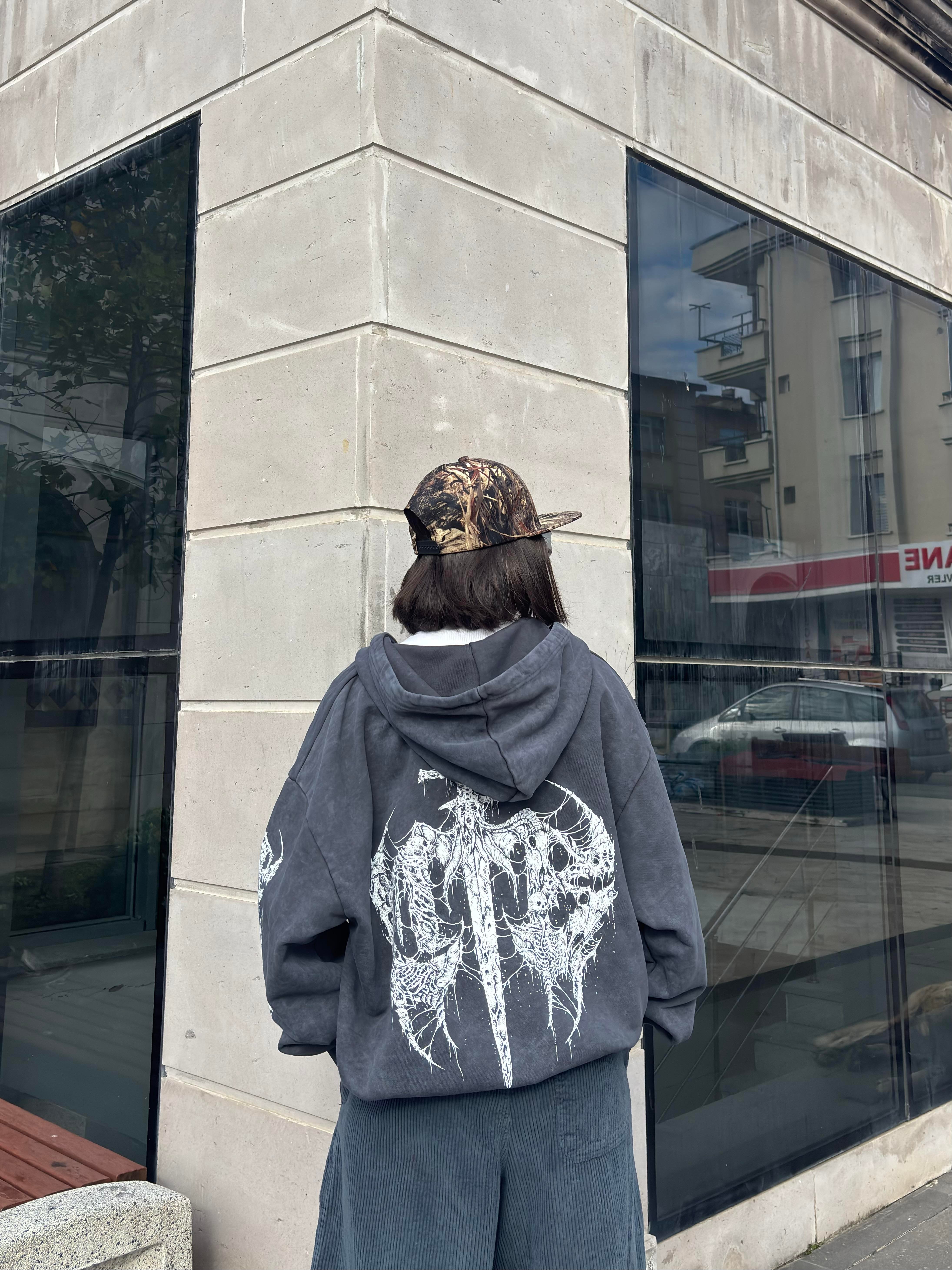 Premium Yıkamalı SkeletonSkull Zipper Oversized Hoodie